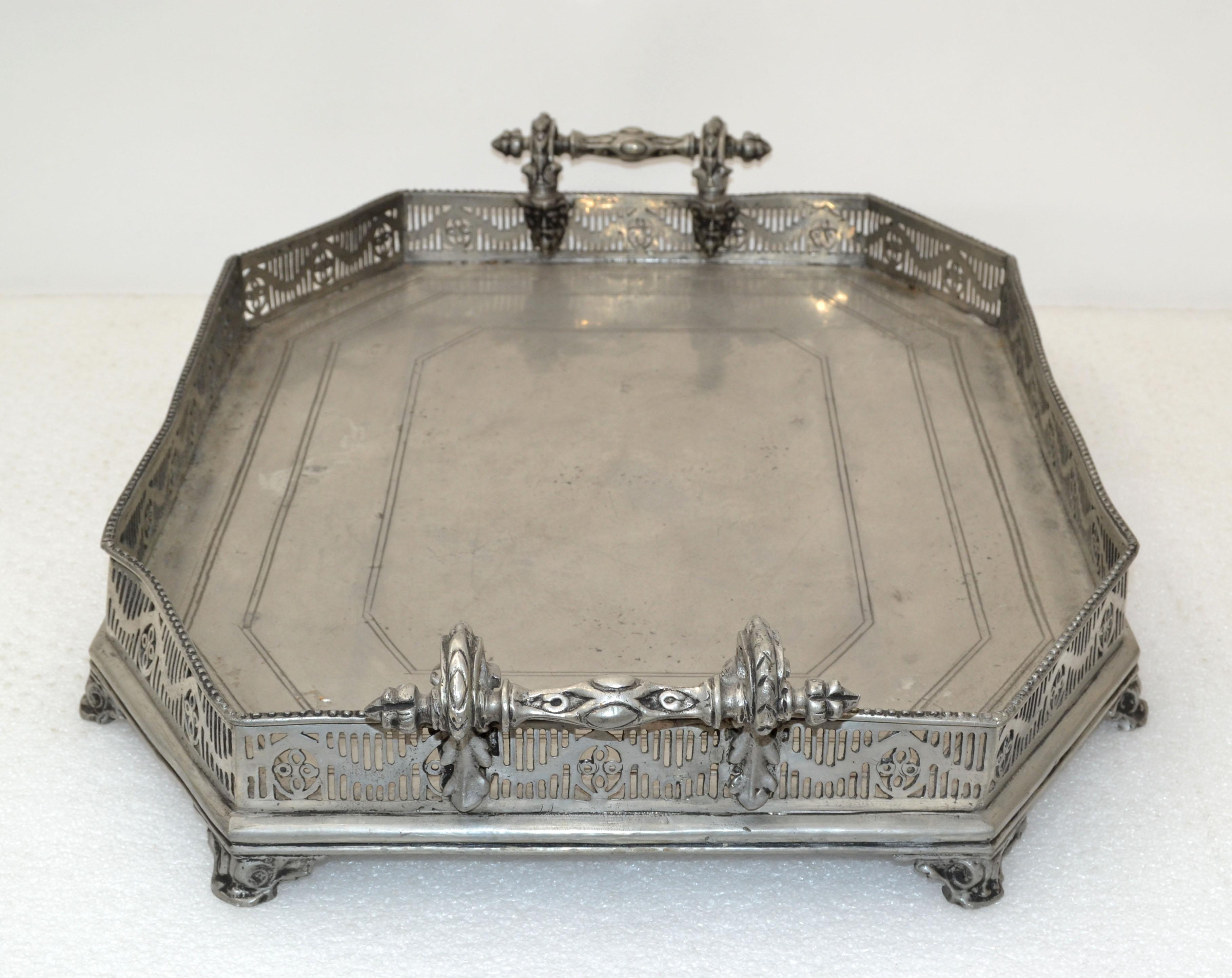 Mid-20th Century Spanish Silver Ornate Large Footed Serving Tray with Handles Trademark