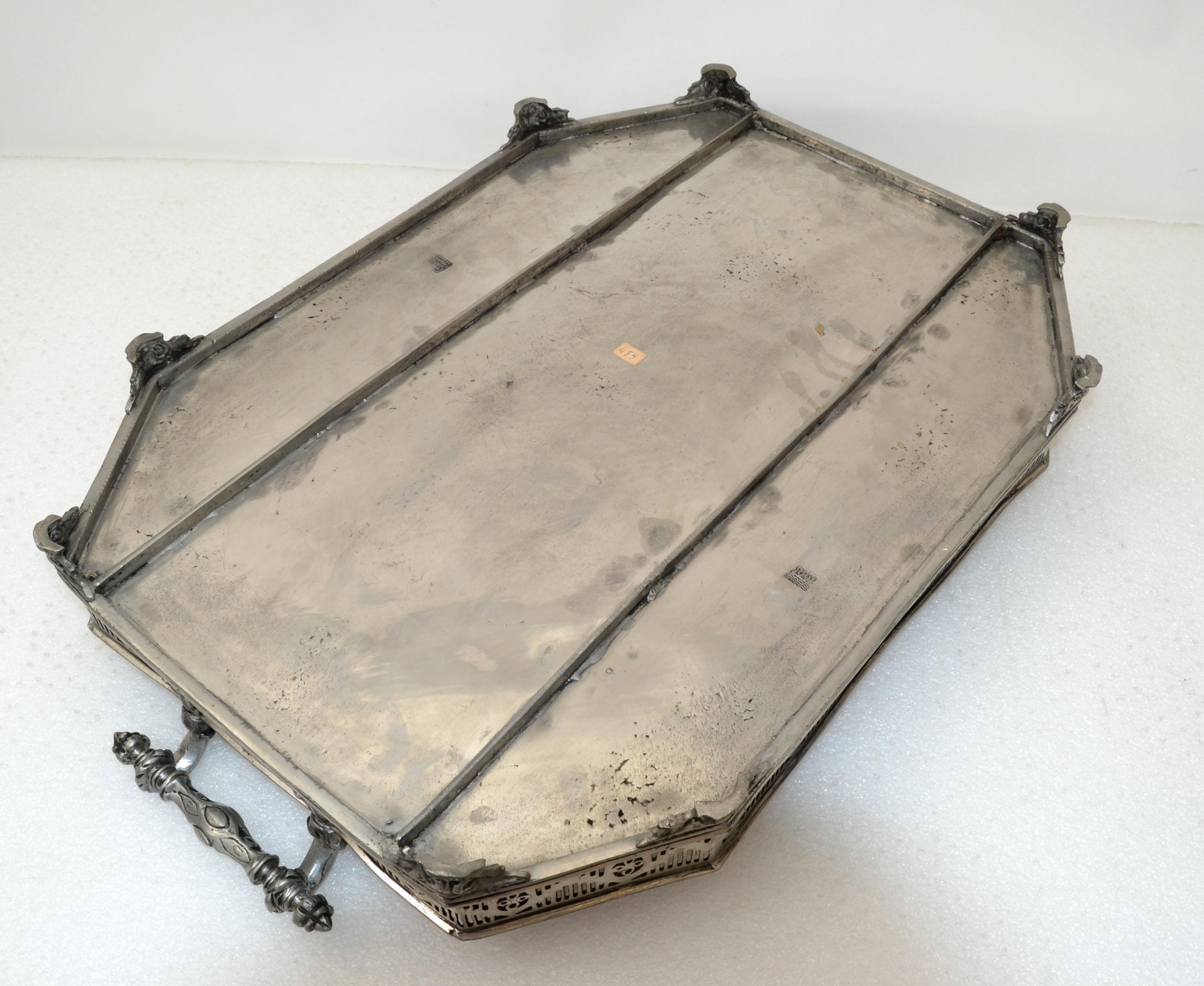 Spanish Silver Ornate Large Footed Serving Tray with Handles Trademark 1