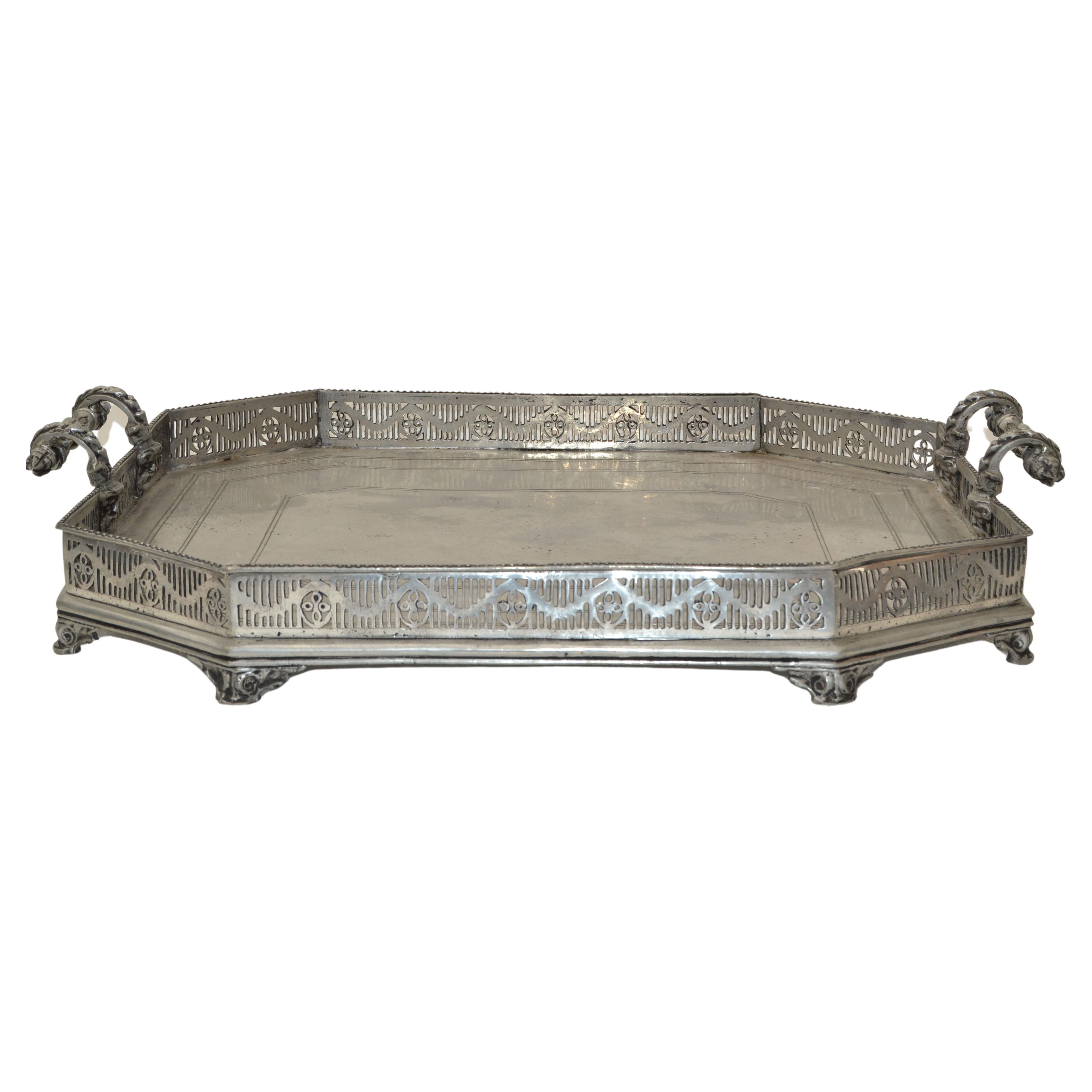 Spanish Silver Ornate Large Footed Serving Tray with Handles Trademark