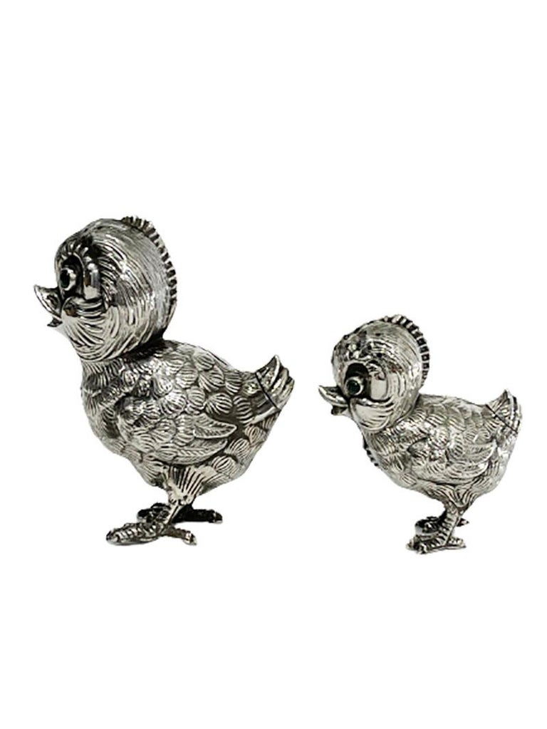 Spanish Silver Salt and Pepper Shakers in the Shape of Chicks, 1940s