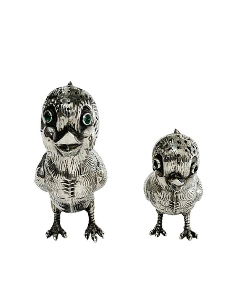 Spanish Silver Salt and Pepper Shakers in the Shape of Chicks, 1940s