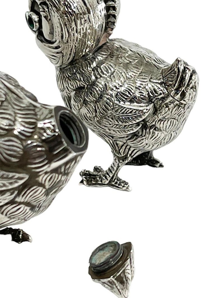 Spanish Silver Salt and Pepper Shakers in the Shape of Chicks, 1940s