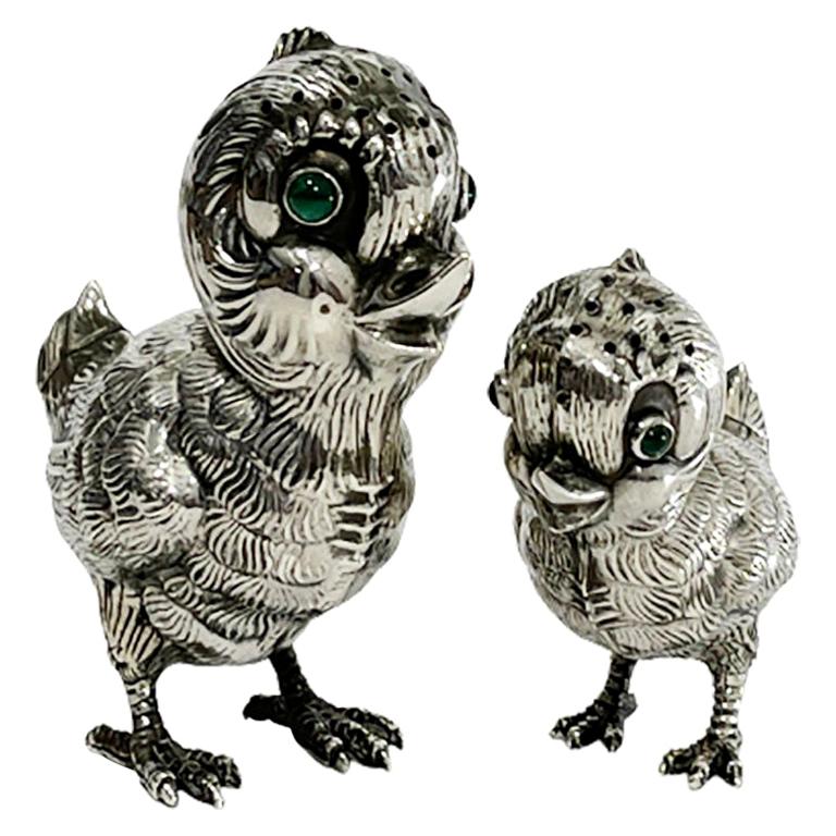Spanish Silver Salt and Pepper Shakers in the Shape of Chicks, 1940s