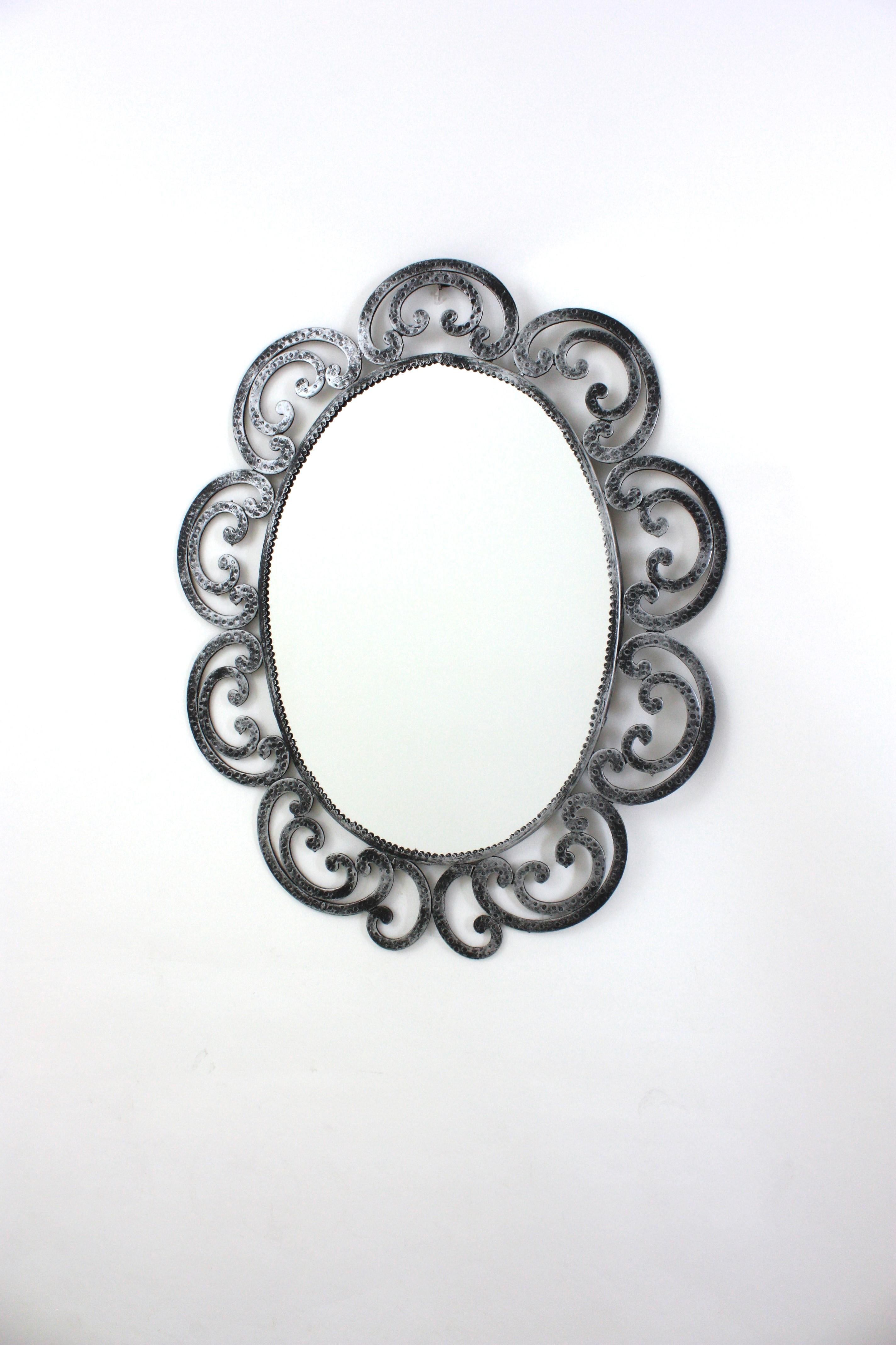 Spanish Silvered Flower Sunburst Oval Mirror in Wrought Iron, 1950s For Sale 3