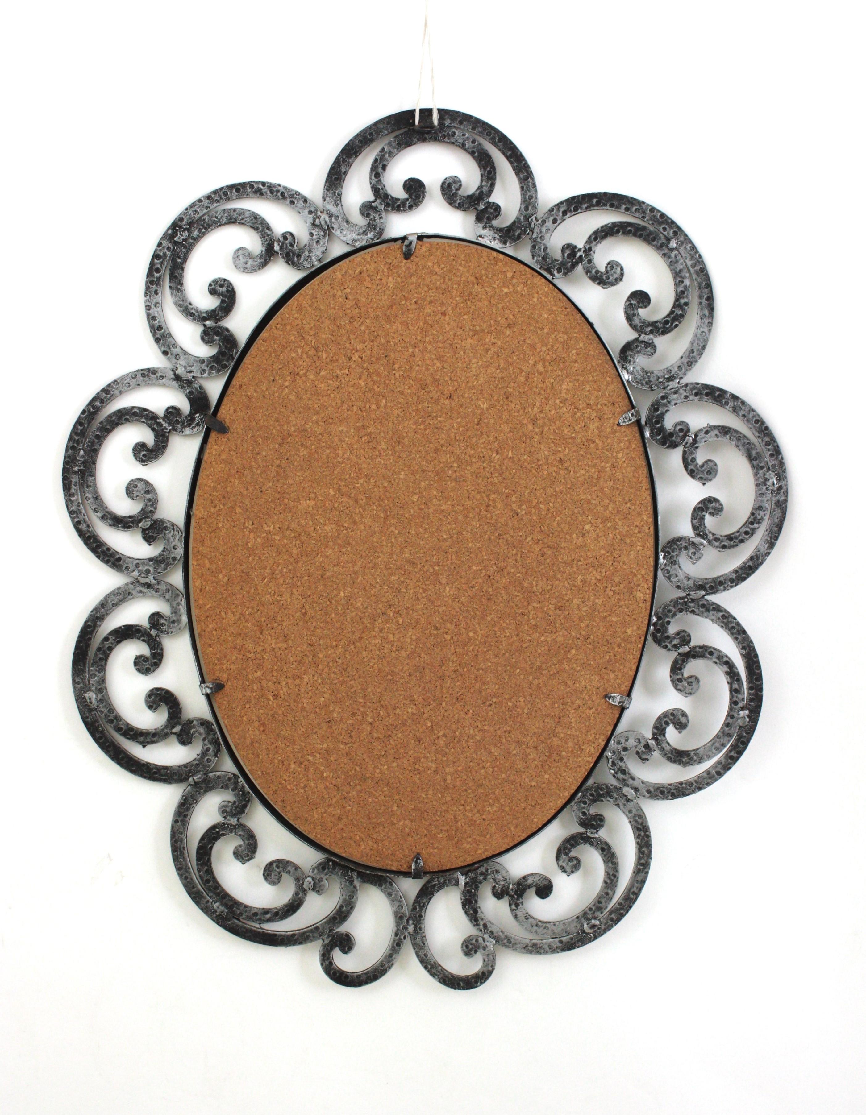 Spanish Silvered Flower Sunburst Oval Mirror in Wrought Iron, 1950s For Sale 5