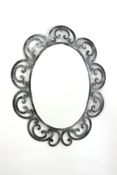 Spanish Silvered Flower Sunburst Oval Mirror in Wrought Iron, 1950s