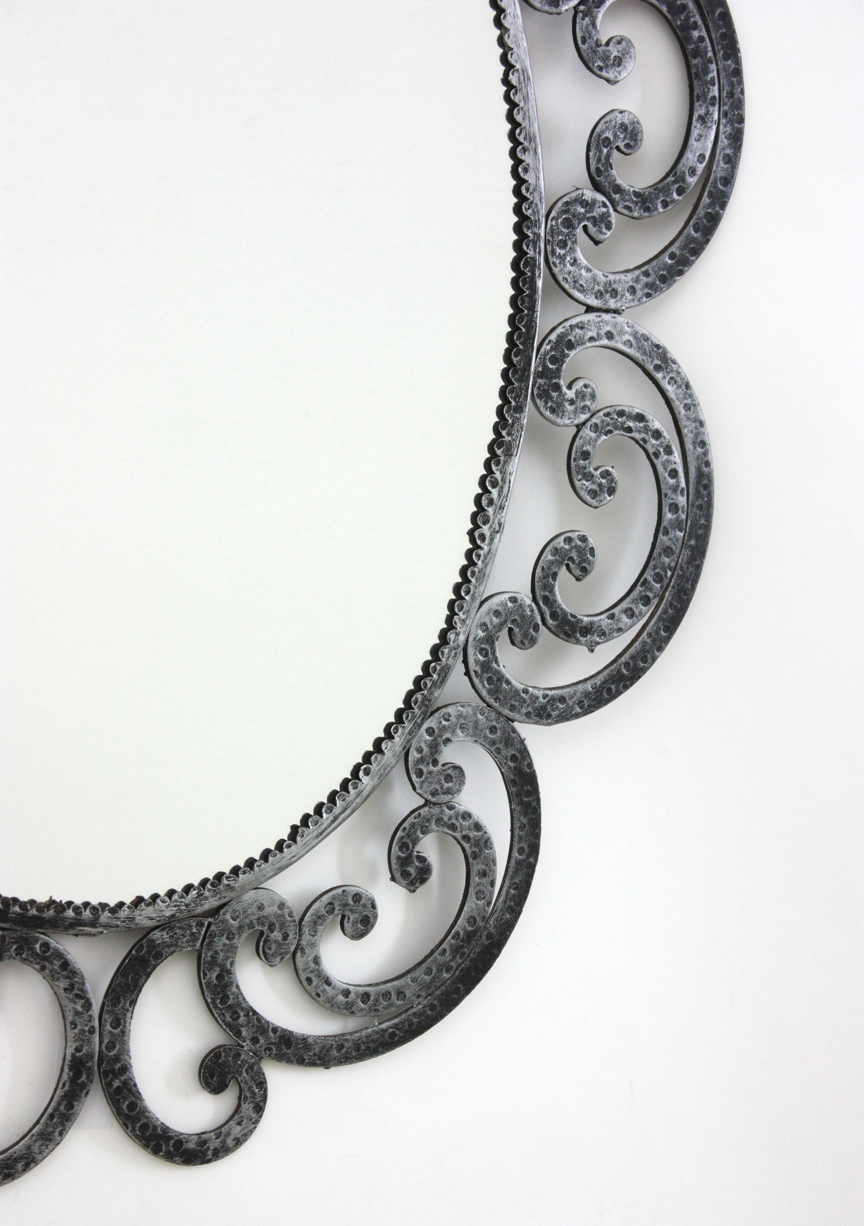 20th Century Spanish Silvered Flower Sunburst Oval Mirror in Wrought Iron, 1950s For Sale