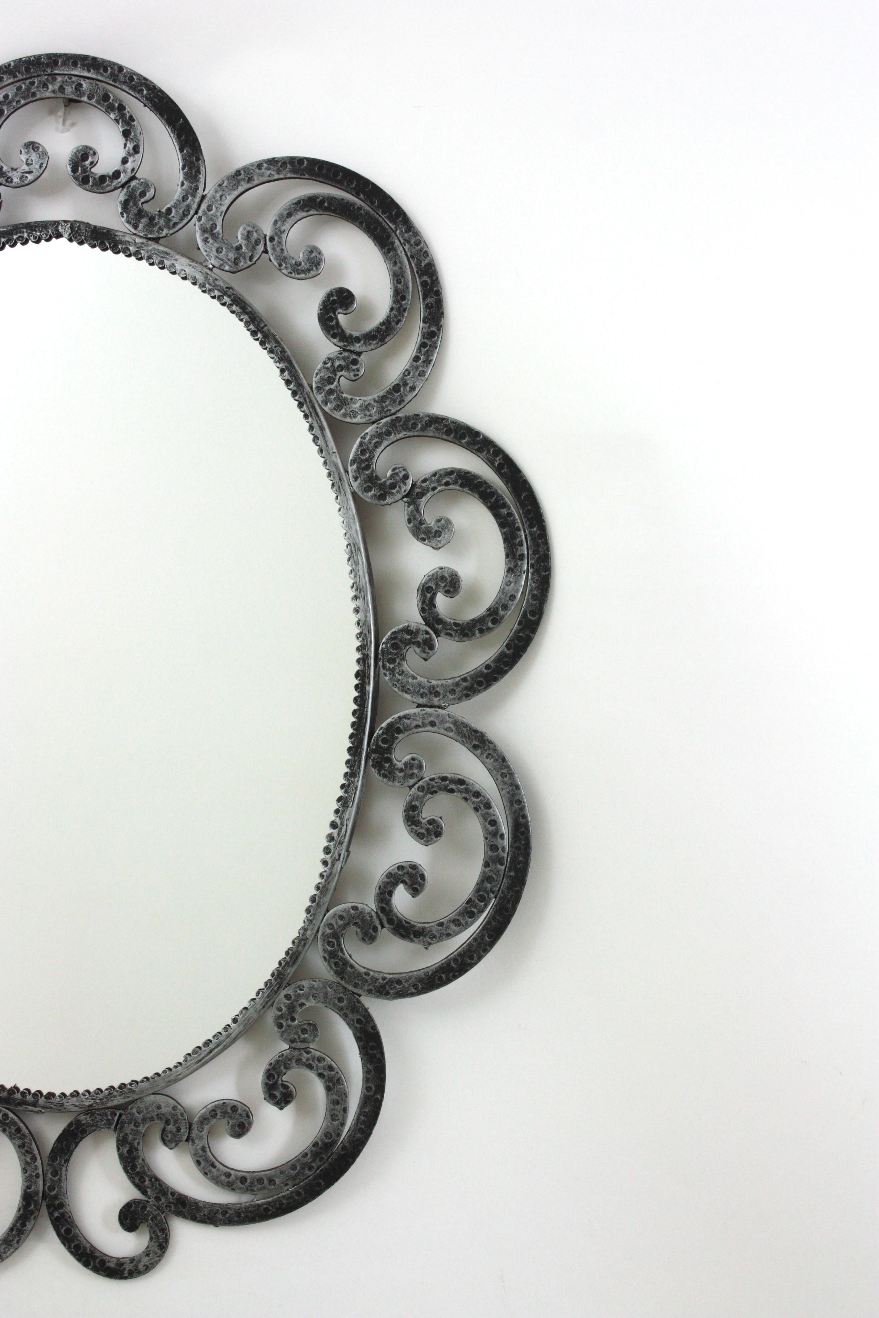 Spanish Silvered Flower Sunburst Oval Mirror in Wrought Iron, 1950s For Sale 1