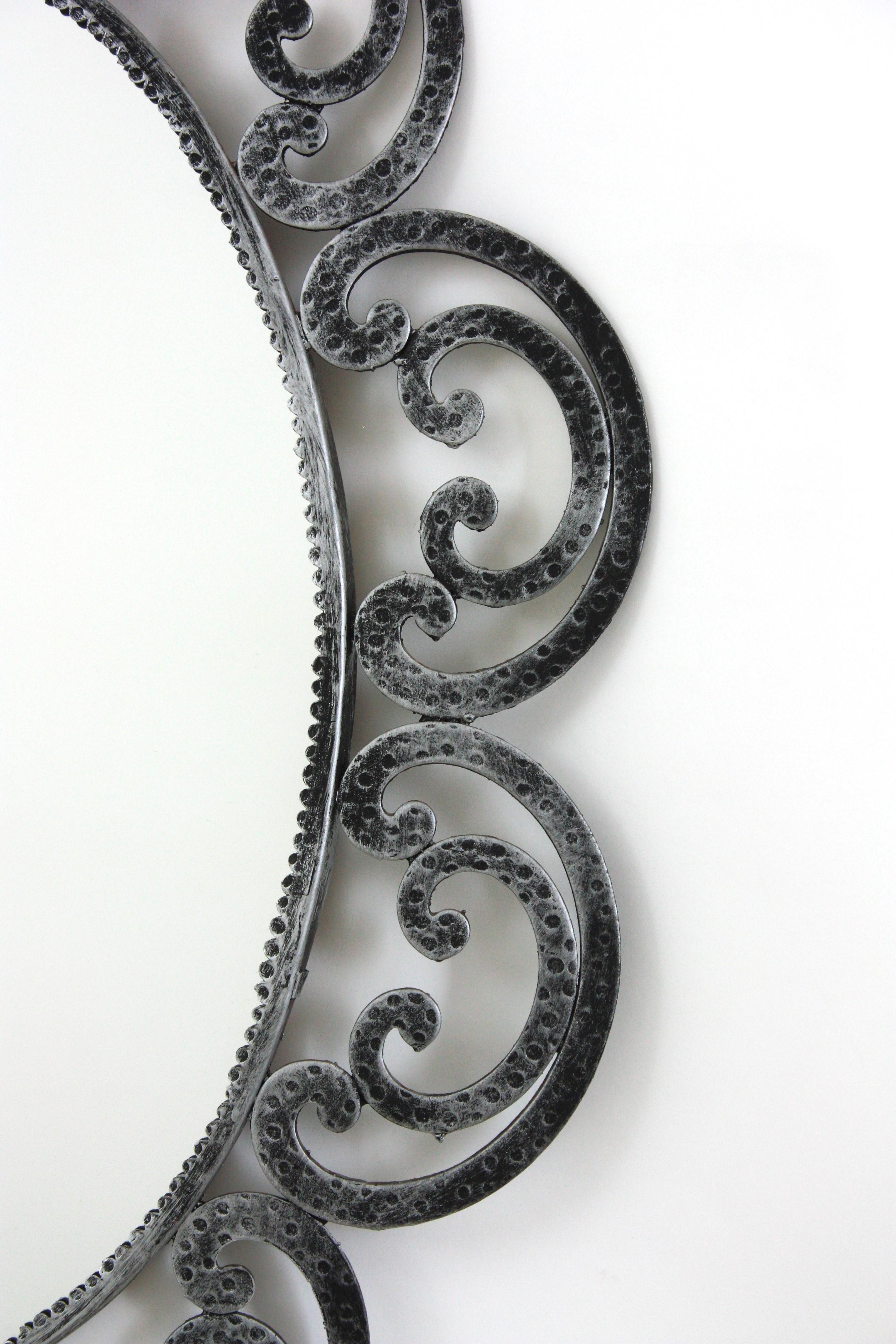 Spanish Silvered Flower Sunburst Oval Mirror in Wrought Iron, 1950s For Sale 2