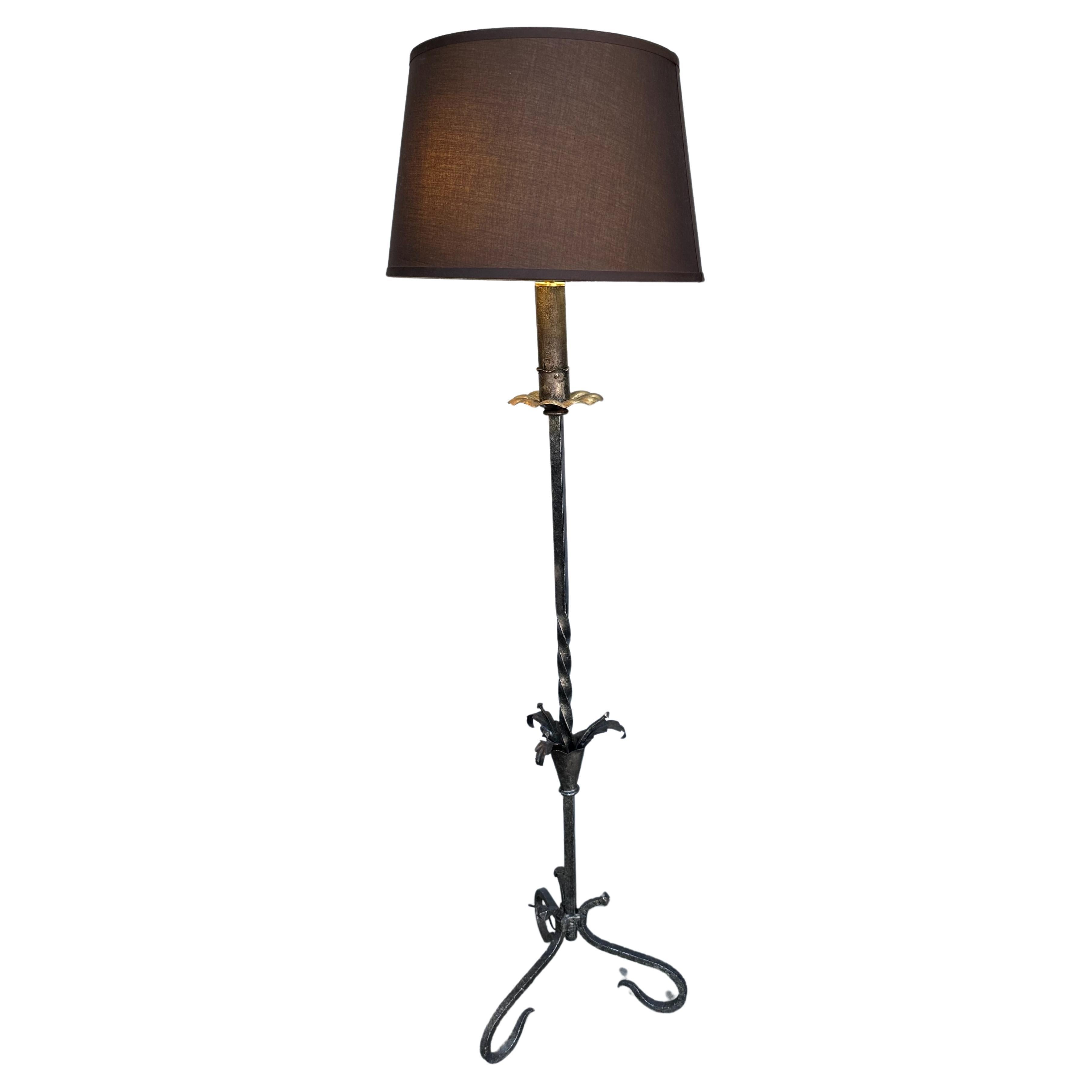 Spanish Silvered Iron Floor Lamp on a Tripod Base For Sale