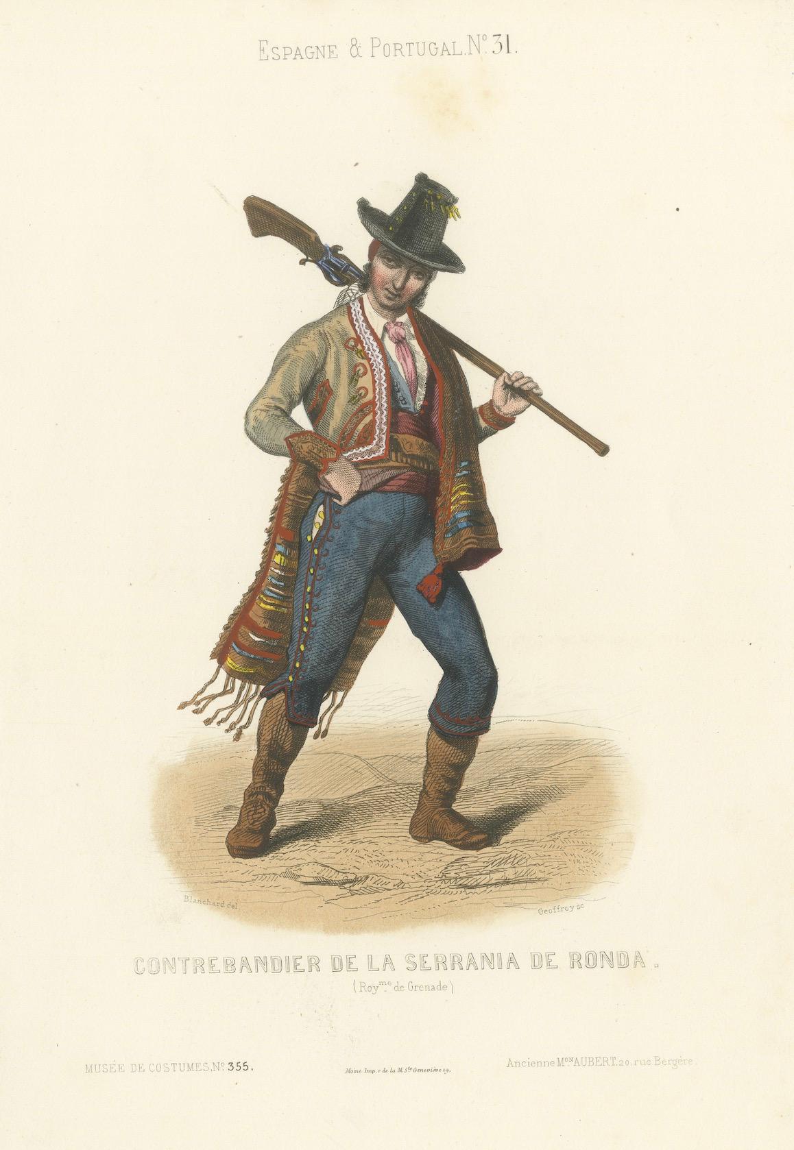 Spanischer Schmuggler aus der Serranía de Ronda - Handkolorierte Lithographie, Musée de Costumes Nr. 355, um 1845

Beschreibung:
Eine beeindruckende handkolorierte Lithografie aus dem 19. Jahrhundert mit dem Titel 