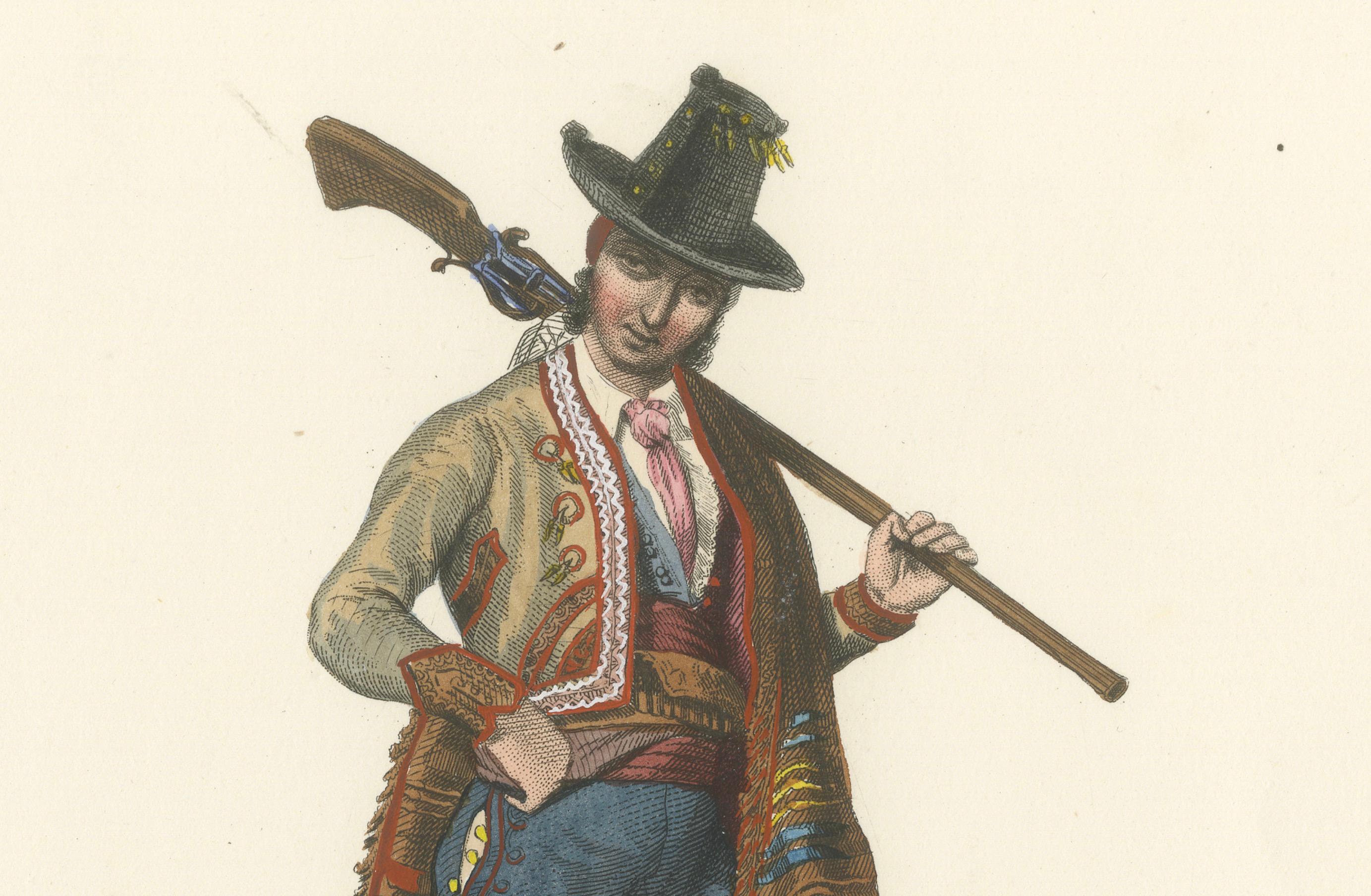 Spanischer Schmuggler aus der Serranía de Ronda - Handkolorierte Lithographie, um 1845 (Französisch) im Angebot
