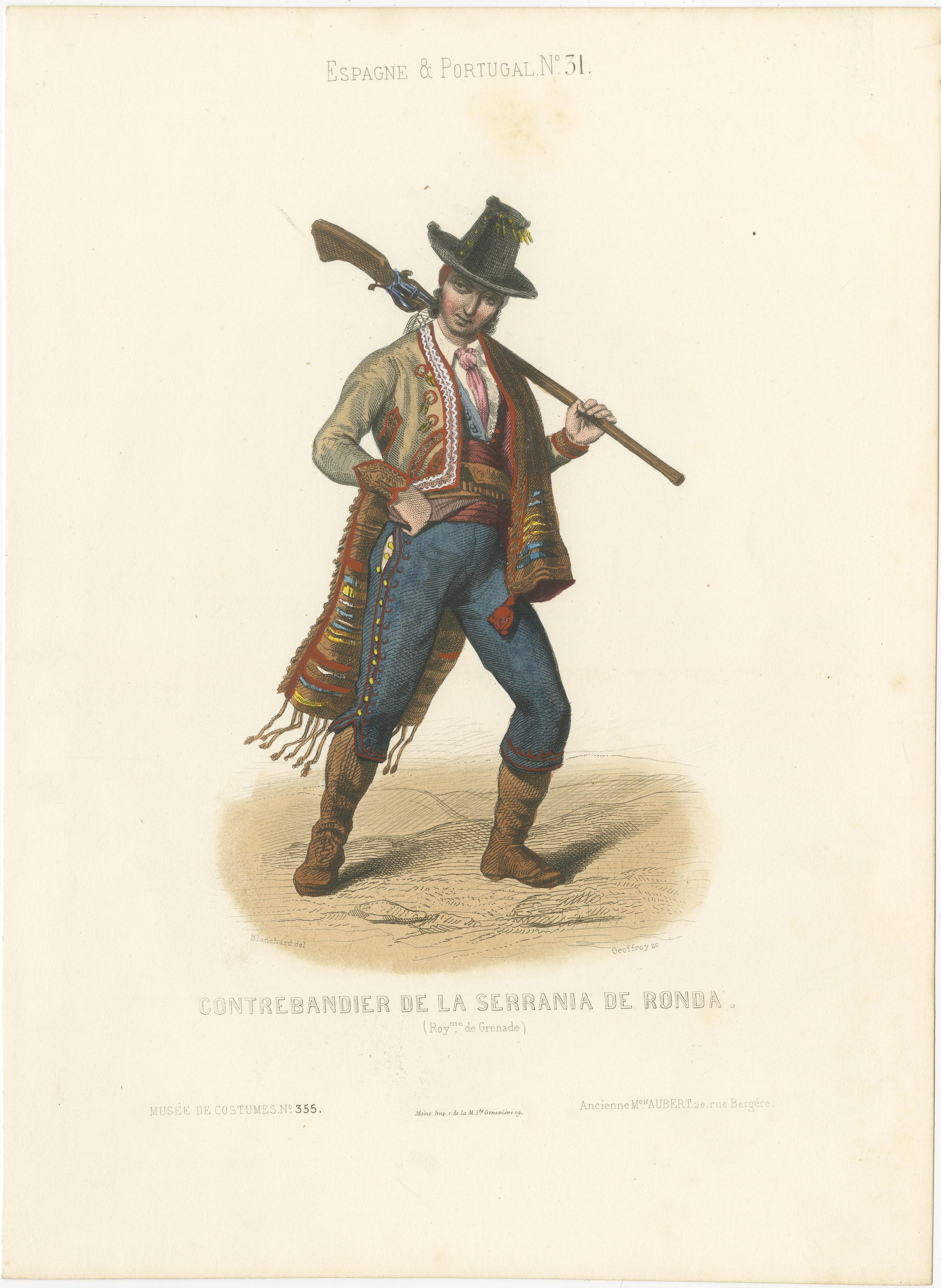 Spanischer Schmuggler aus der Serranía de Ronda - Handkolorierte Lithographie, um 1845 (Papier) im Angebot