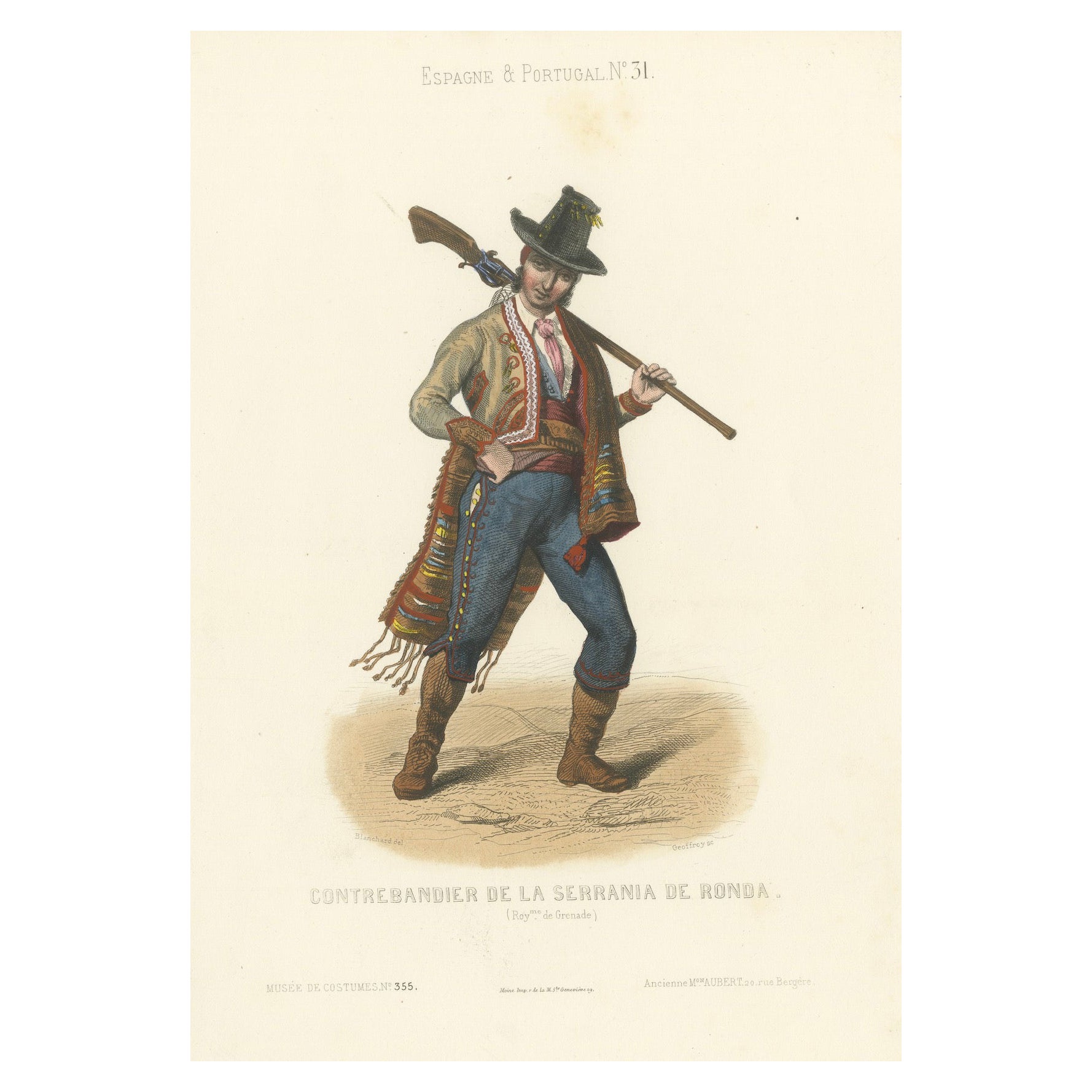 Spanischer Schmuggler aus der Serranía de Ronda - Handkolorierte Lithographie, um 1845 im Angebot