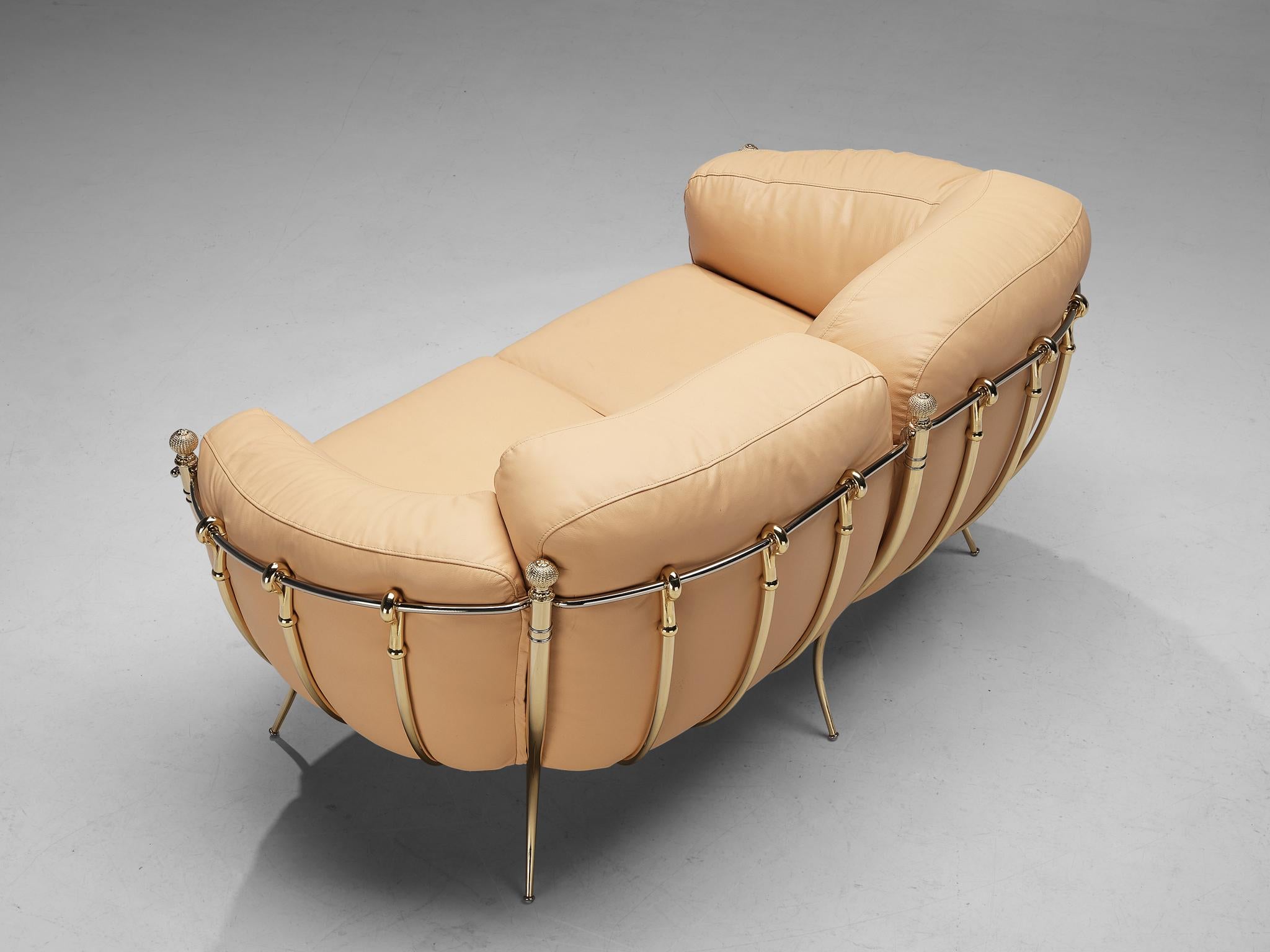 Post-Modern Spanish Sofa in Peach Leather and Brass For Sale
