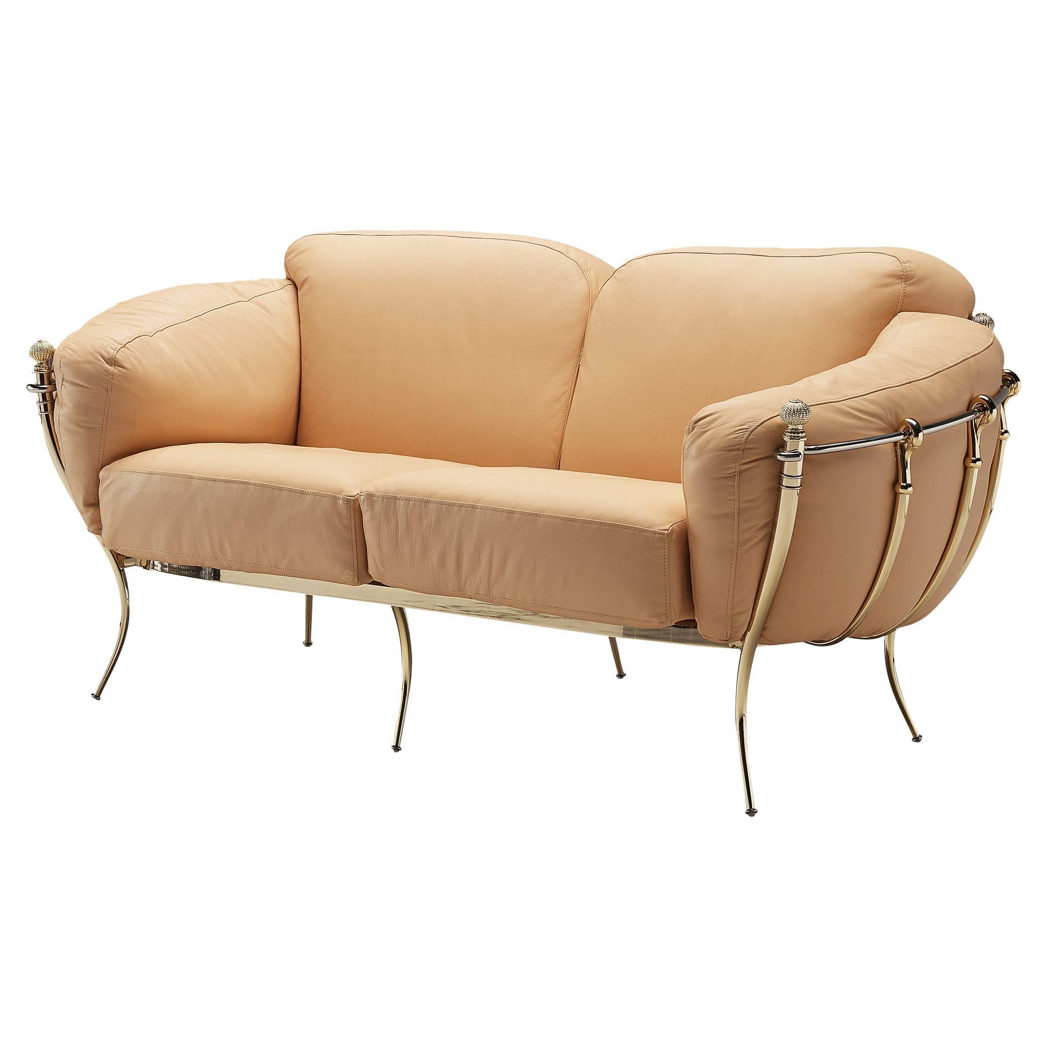 Spanish Sofa in Peach Leather and Brass For Sale