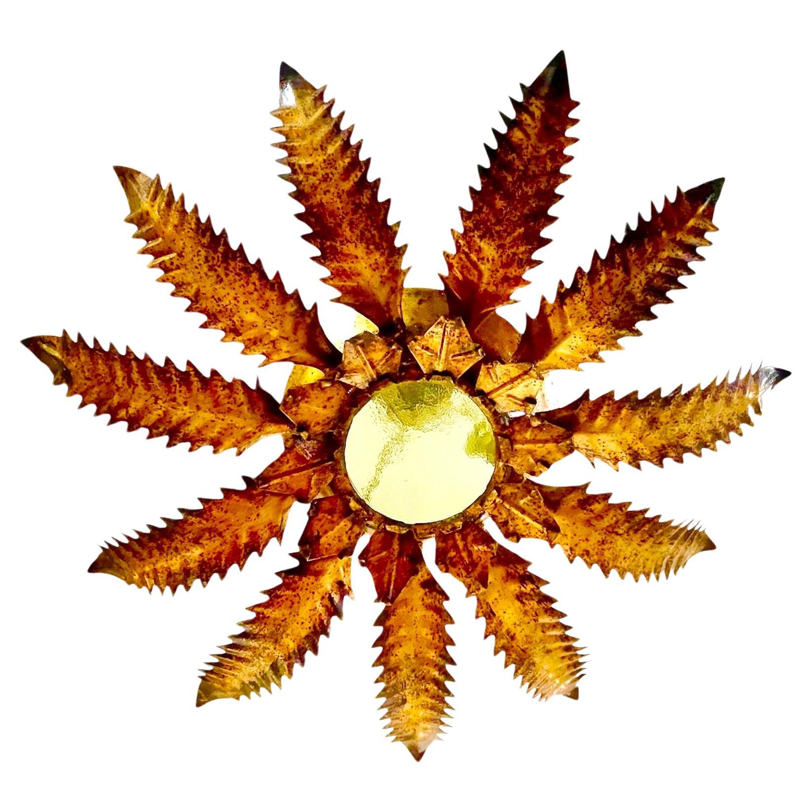 Spanish solar Crown Sunburst lighting gilt gold finish, circa 1950 For Sale