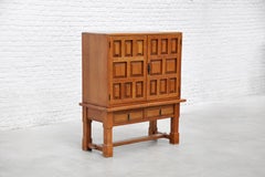Spanish Solid Oak Brutalist Cabinet with Wrought-Iron Hardware, 1940s