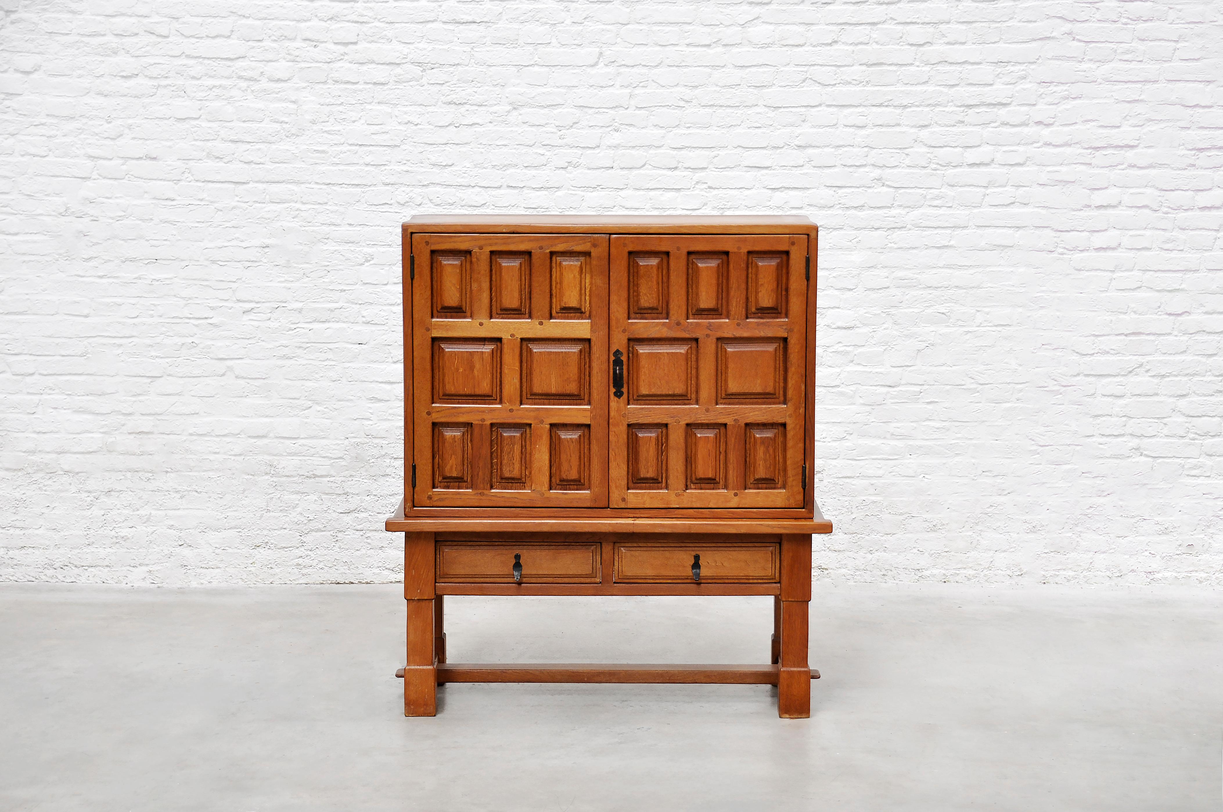 Spanish Solid Oak Brutalist Cabinet with Wrought-Iron Hardware, 1940s For Sale 1