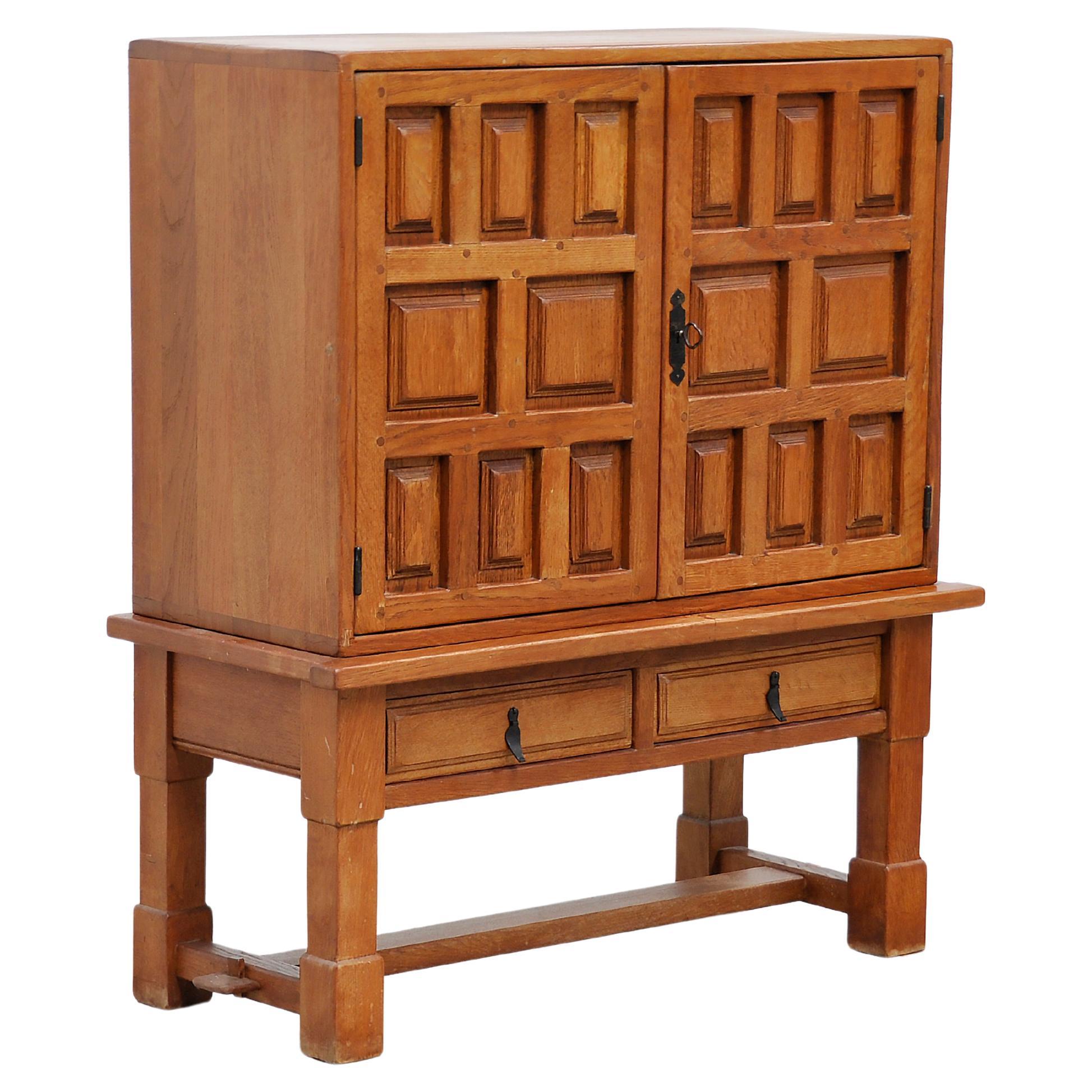 Spanish Solid Oak Brutalist Cabinet with Wrought-Iron Hardware, 1940s