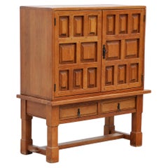 Spanish Solid Oak Brutalist Cabinet with Wrought-Iron Hardware, 1940s