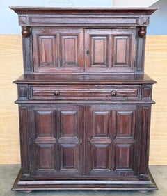 Spanish Solid Oak Sideboard Cabinet with Upper Hutch