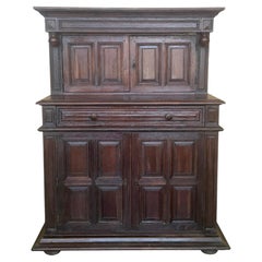 Spanish Solid Oak Sideboard Cabinet with Upper Hutch