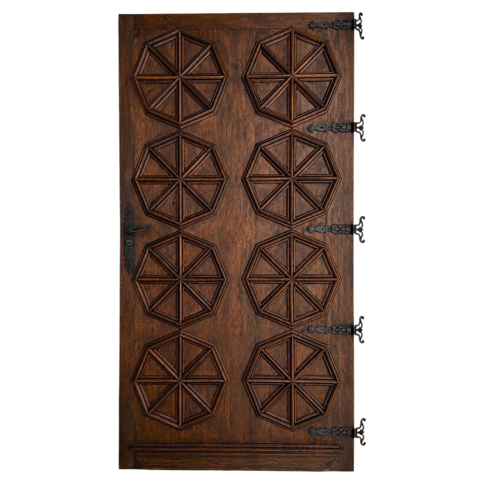 Spanish Solid Walnut Door with Double-Sided Geometric Relief and Original Hard