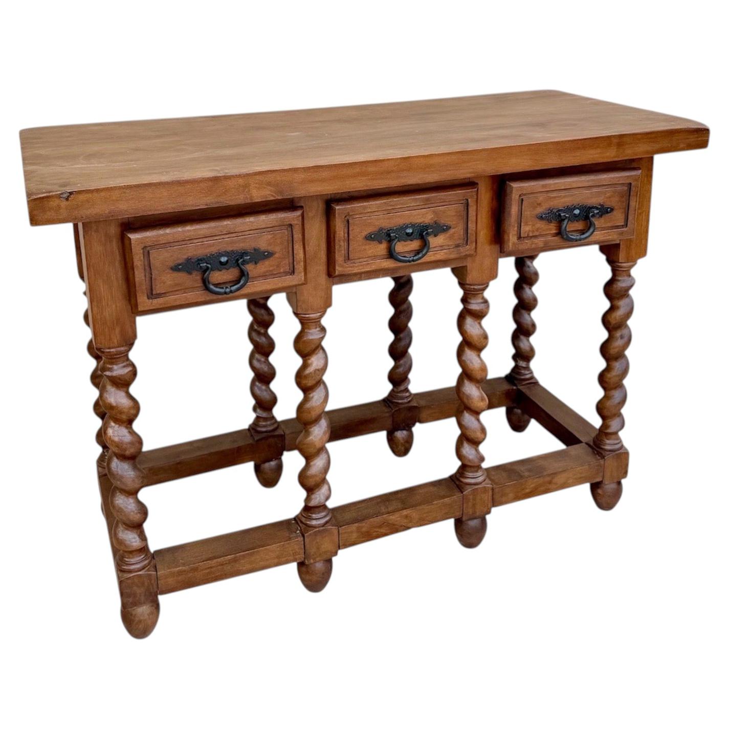 Spanish Solid Wood Console Table with Three Drawers, Mid-20th Century For Sale