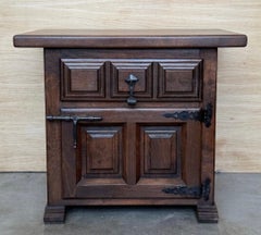 Spanish Solid Wood Nightstand with Hand-Forged Iron Hardware, Drawer and Door