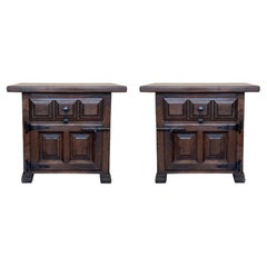 Spanish Solid Wood Nightstand with Hand-Forged Iron Hardware, Drawer and Door