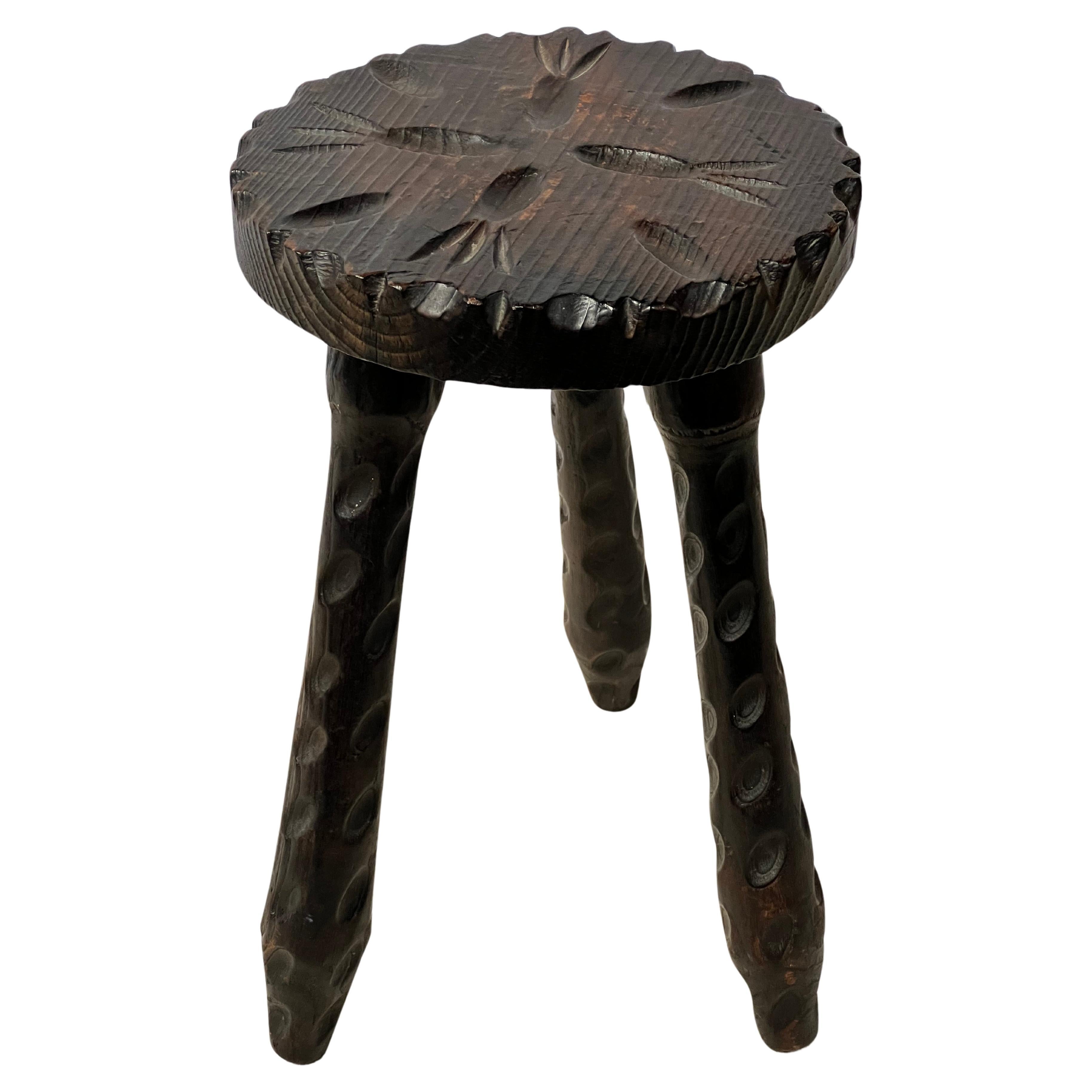 Spanish Stained Wooden Stool circa 1950 Brutalist Decorative elements