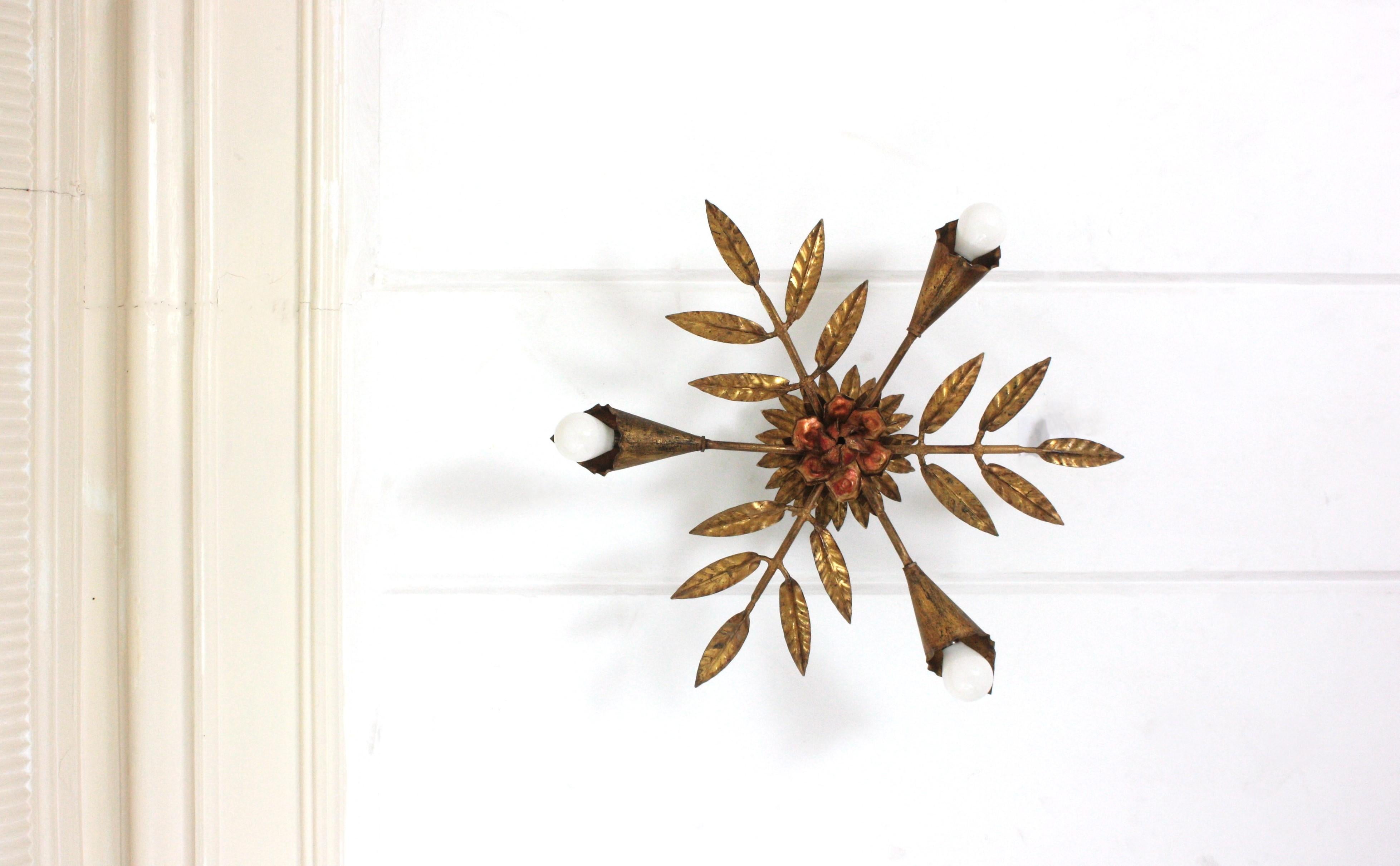 Spanish Starburst Sunburst Foliage Flush Mount Light Fixture in Gilt Iron (en fer doré) en vente 5