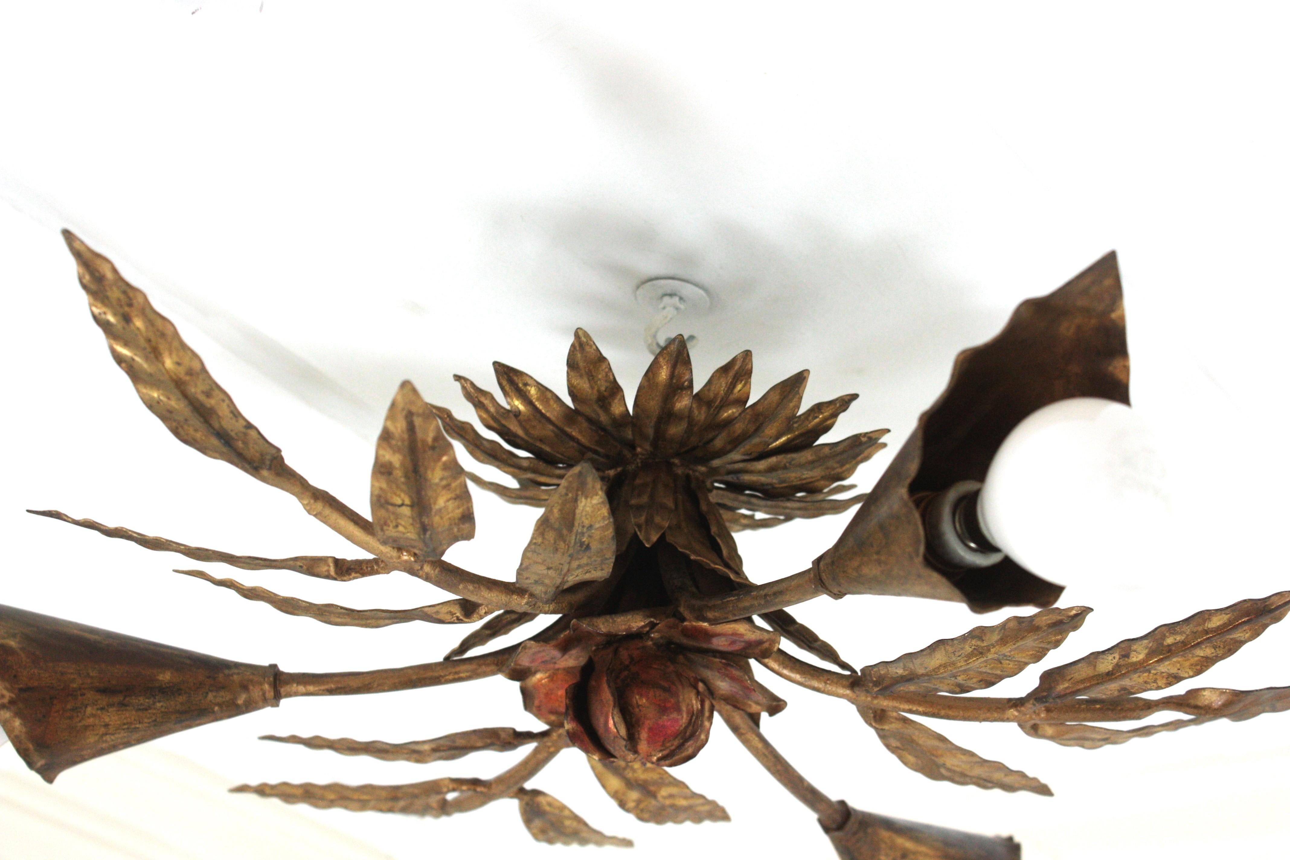 Spanish Starburst Sunburst Foliage Flush Mount Light Fixture in Gilt Iron (en fer doré) en vente 11