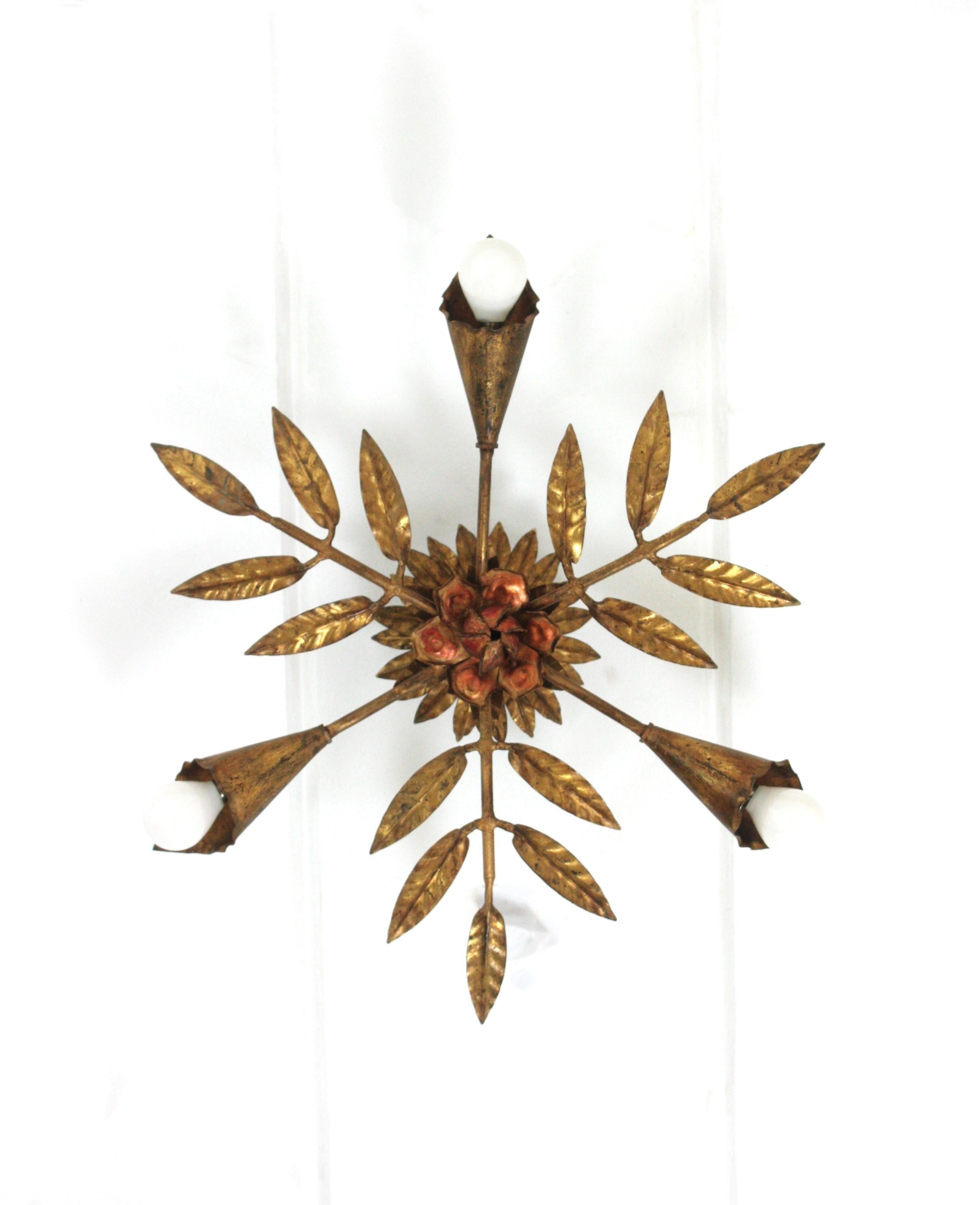 Métal Spanish Starburst Sunburst Foliage Flush Mount Light Fixture in Gilt Iron (en fer doré) en vente