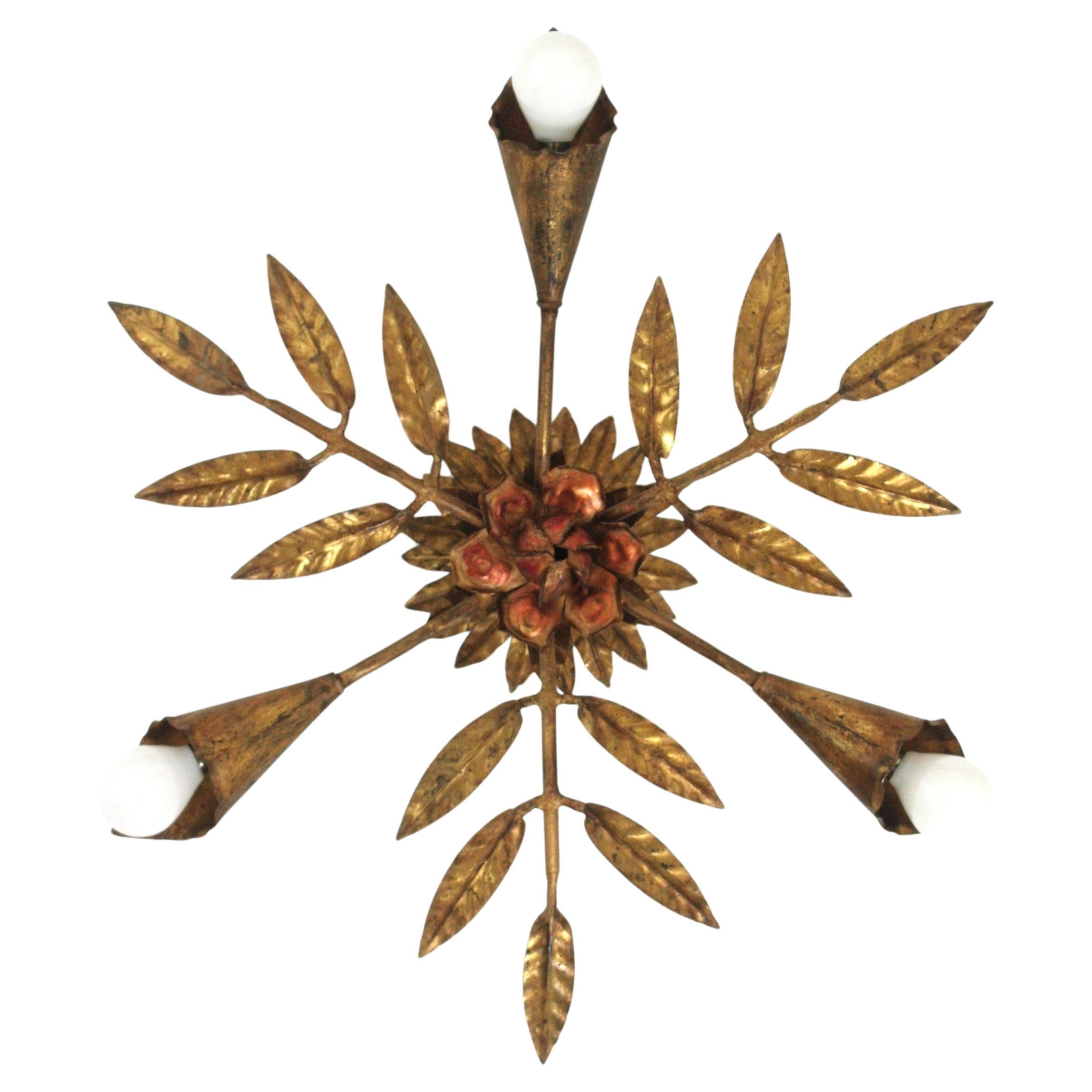 Spanish Starburst Sunburst Foliage Flush Mount Light Fixture in Gilt Iron