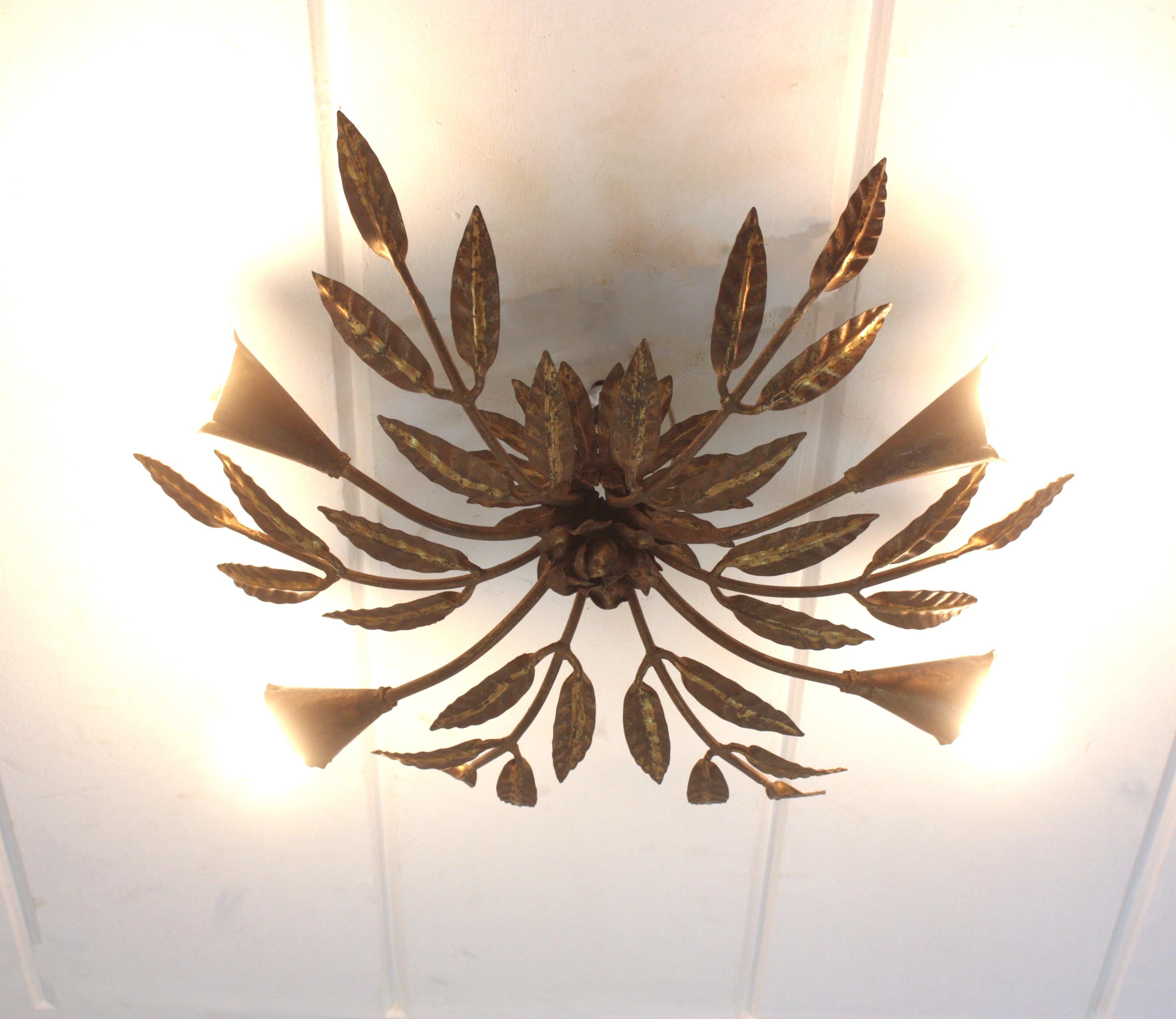 Spanish Starburst Sunburst Foliage Light Fixture / Chandelier in Gilt Iron 3