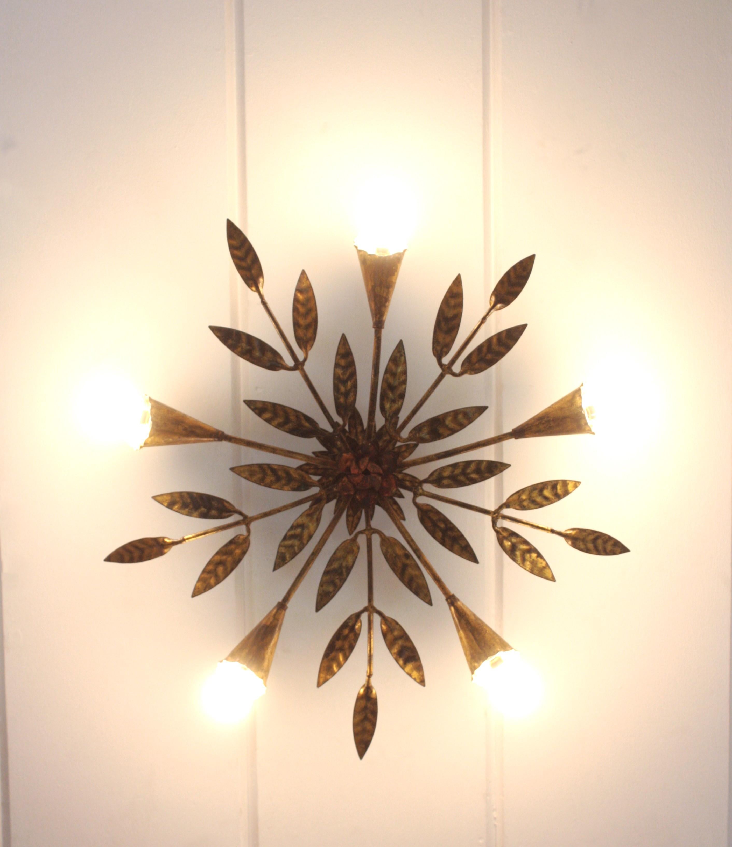 Spanish Starburst Sunburst Foliage Light Fixture / Chandelier in Gilt Iron For Sale 4
