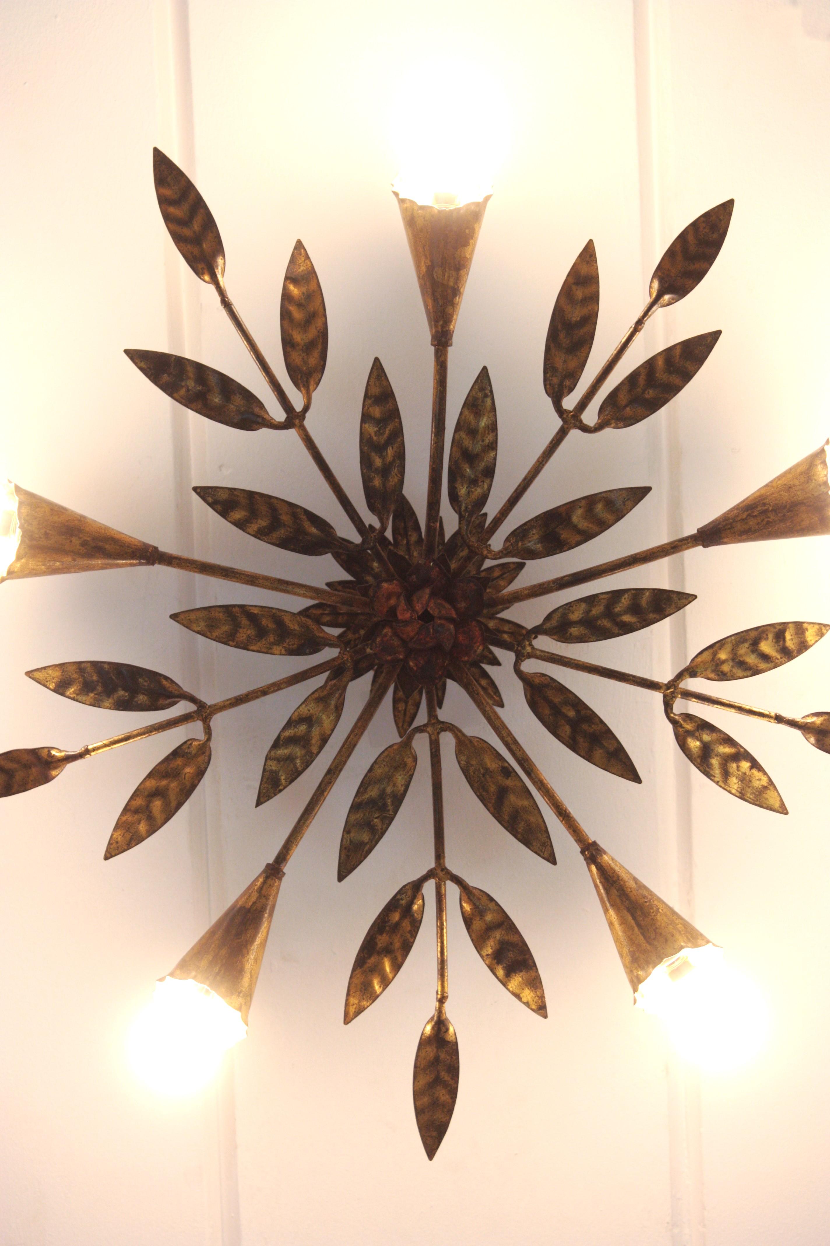 Spanish Starburst Sunburst Foliage Light Fixture / Chandelier in Gilt Iron 7