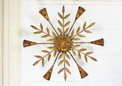 Spanish Starburst Sunburst Foliage Light Fixture / Chandelier in Gilt Iron
