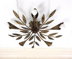 Spanish Starburst Sunburst Foliage Flush Mount Light Fixture, Gilt Iron
