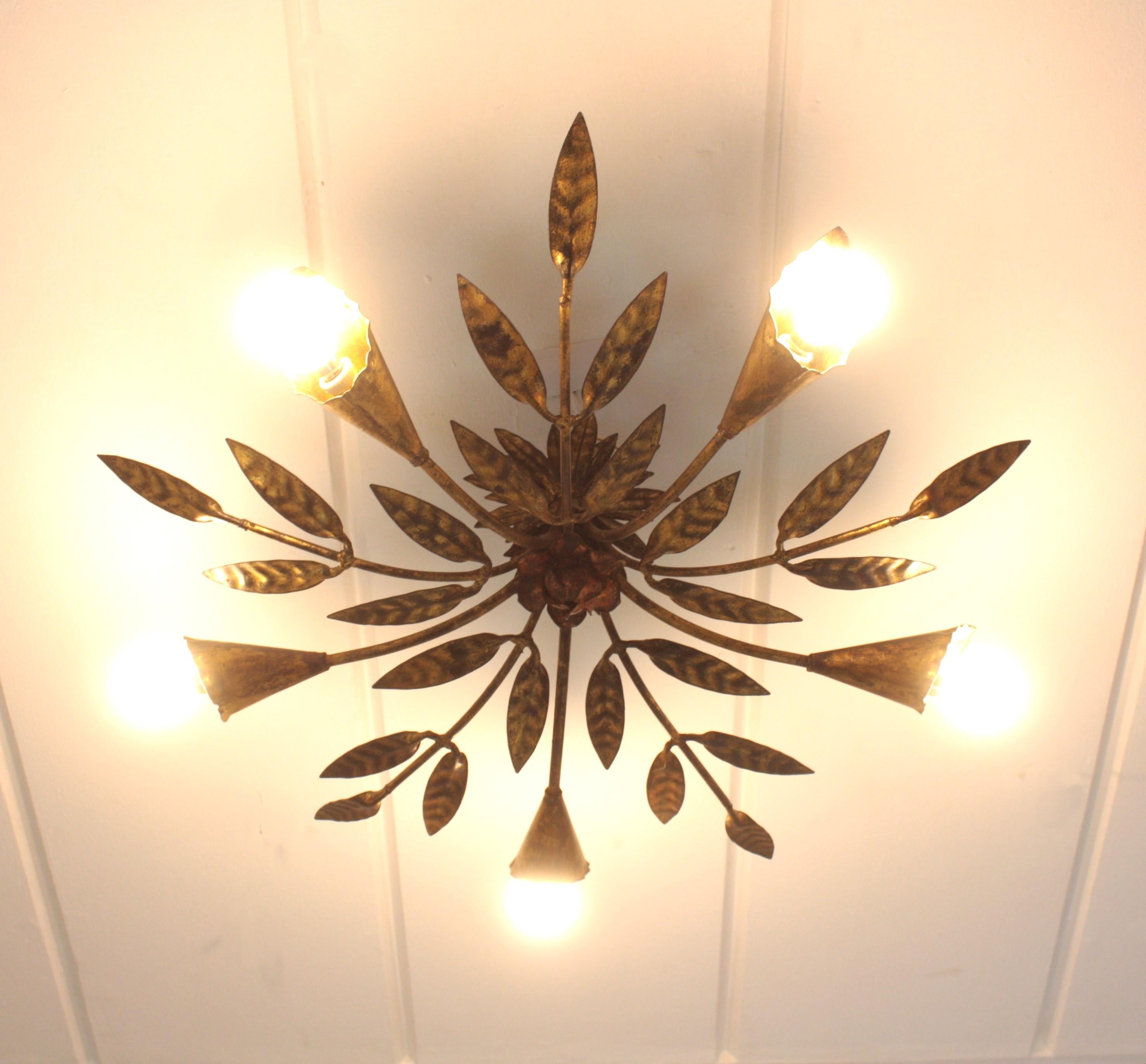 Hand-Crafted Spanish Starburst Sunburst Foliage Light Fixture / Chandelier in Gilt Iron For Sale