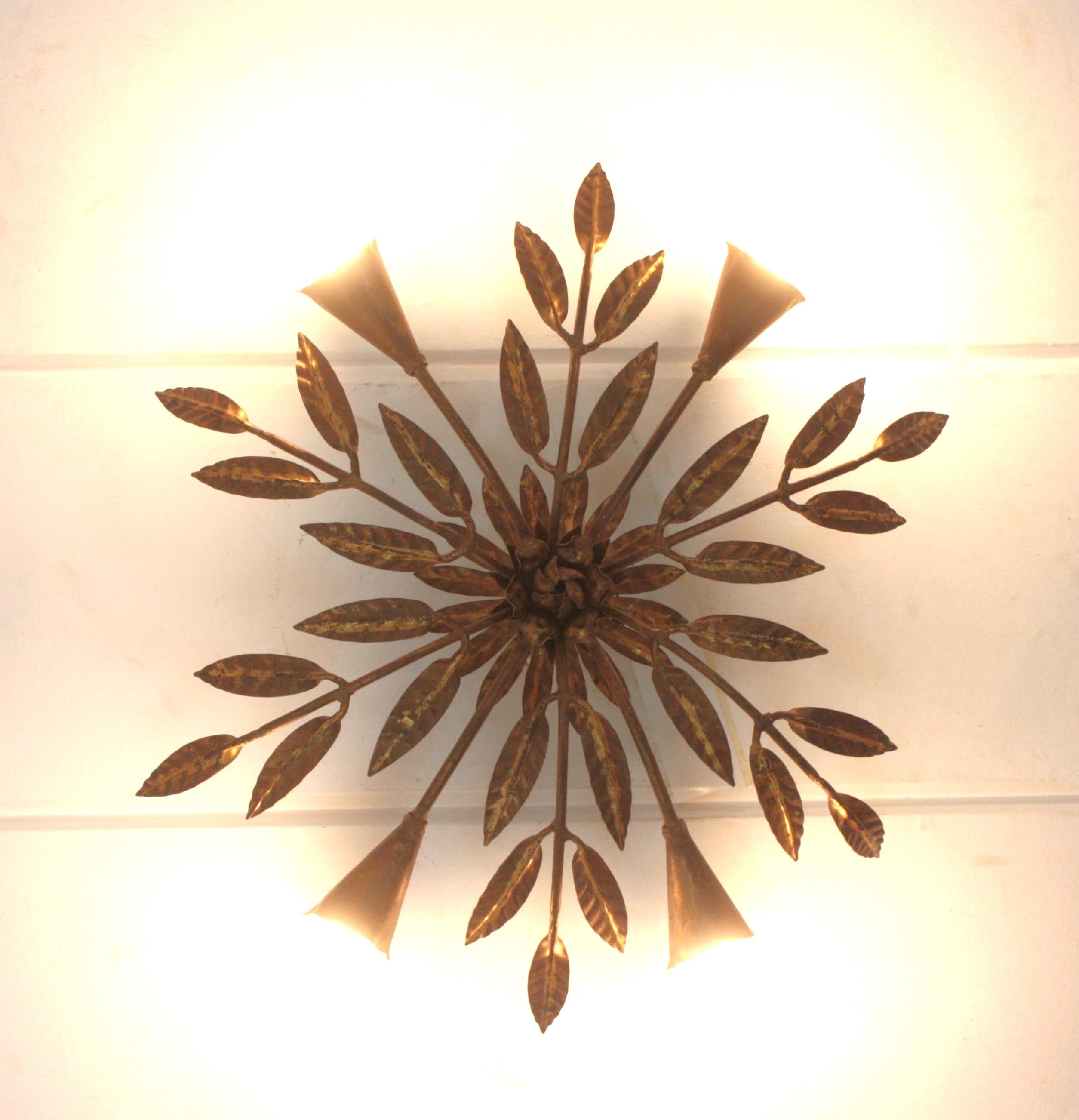 Spanish Starburst Sunburst Foliage Light Fixture / Chandelier in Gilt Iron 1