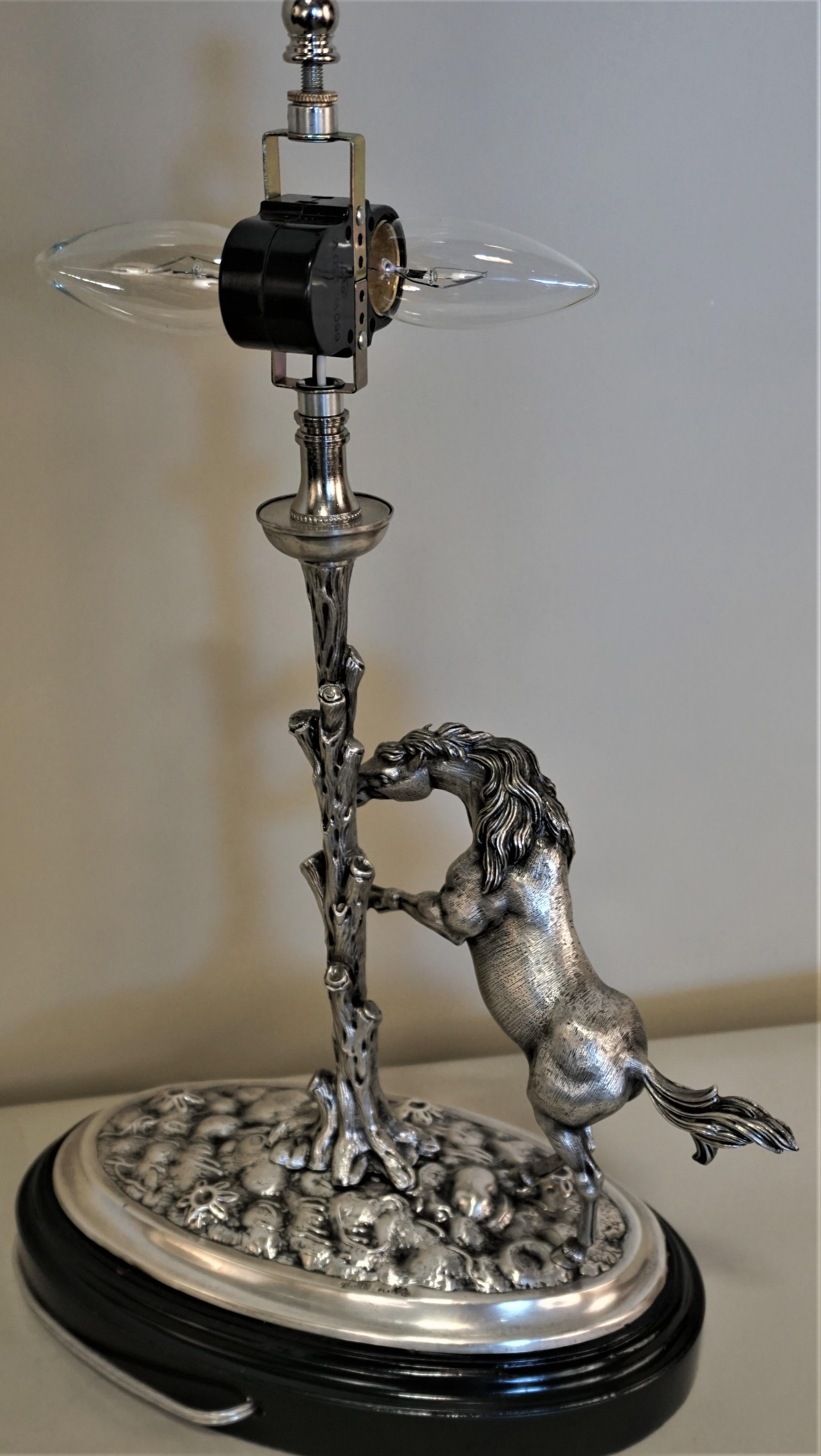 Wood Spanish Sterling Silver Horse Table Lamp by Gena