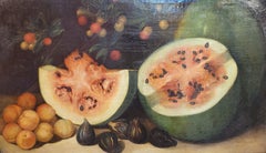 Antique Spanish Still Life, Paintings Oil on Canvas Couple, Grapes, Peaches, Watermelon