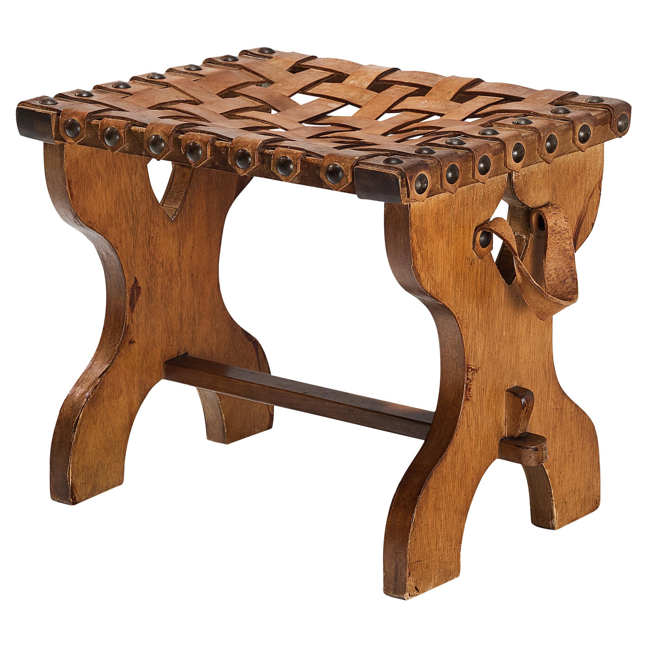 Spanish Stool in Stained Wood with Braided Leather Seat For Sale