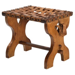 Used Spanish Stool in Stained Wood with Braided Leather Seat