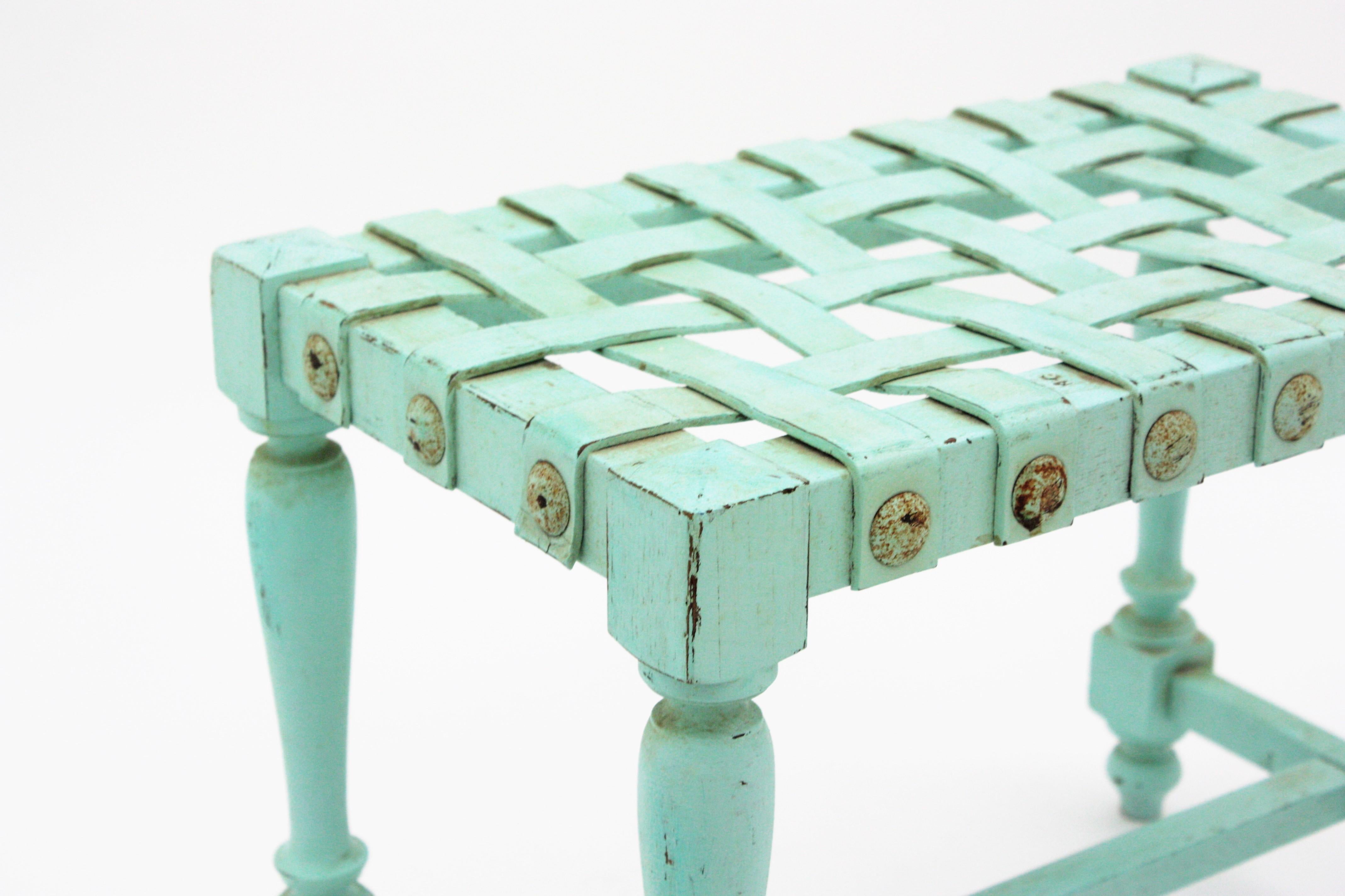Spanish Stool in Turquoise Patinated Oak Wook with Woven Leather Seat For Sale 5