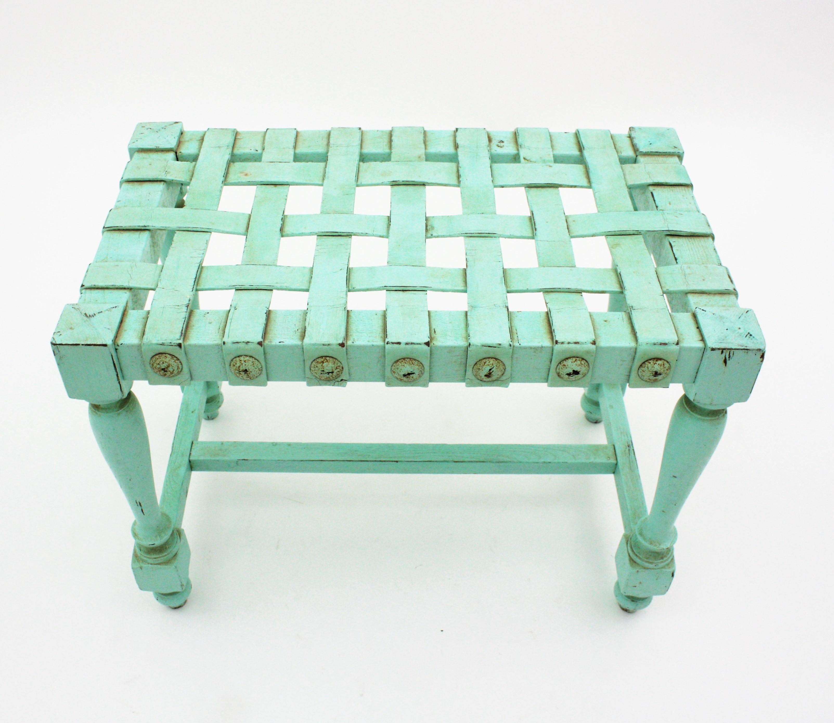 Spanish Stool in Turquoise Patinated Oak Wook with Woven Leather Seat For Sale 8