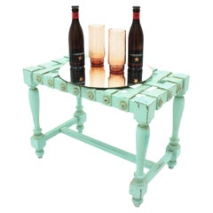 Spanish Oak and Leather Stool in Turquoise Patina, 1940s